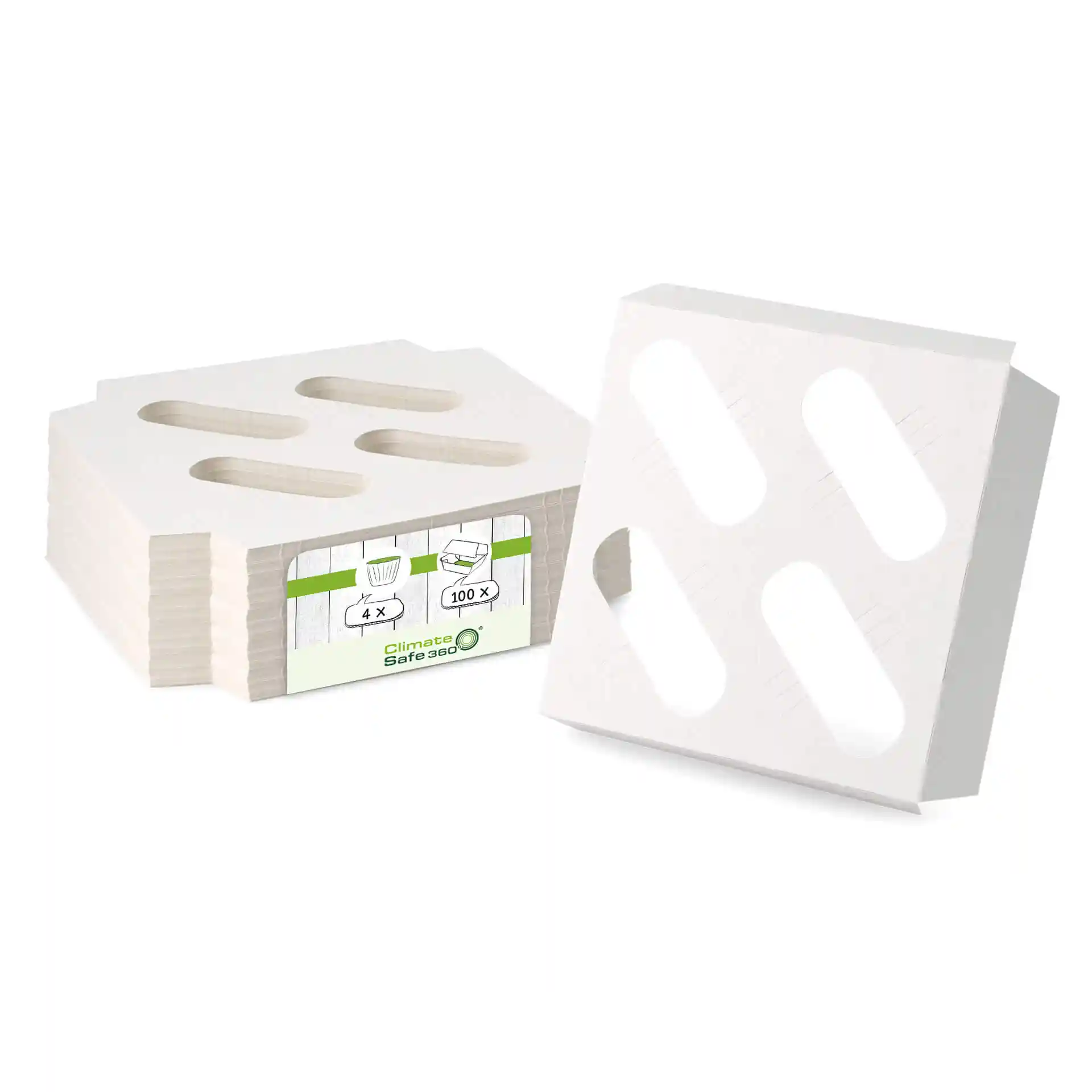 Witte kartonnen inzet voor cupcake-dozen met uitsparingen, met een stapel van vier stuks zichtbaar.