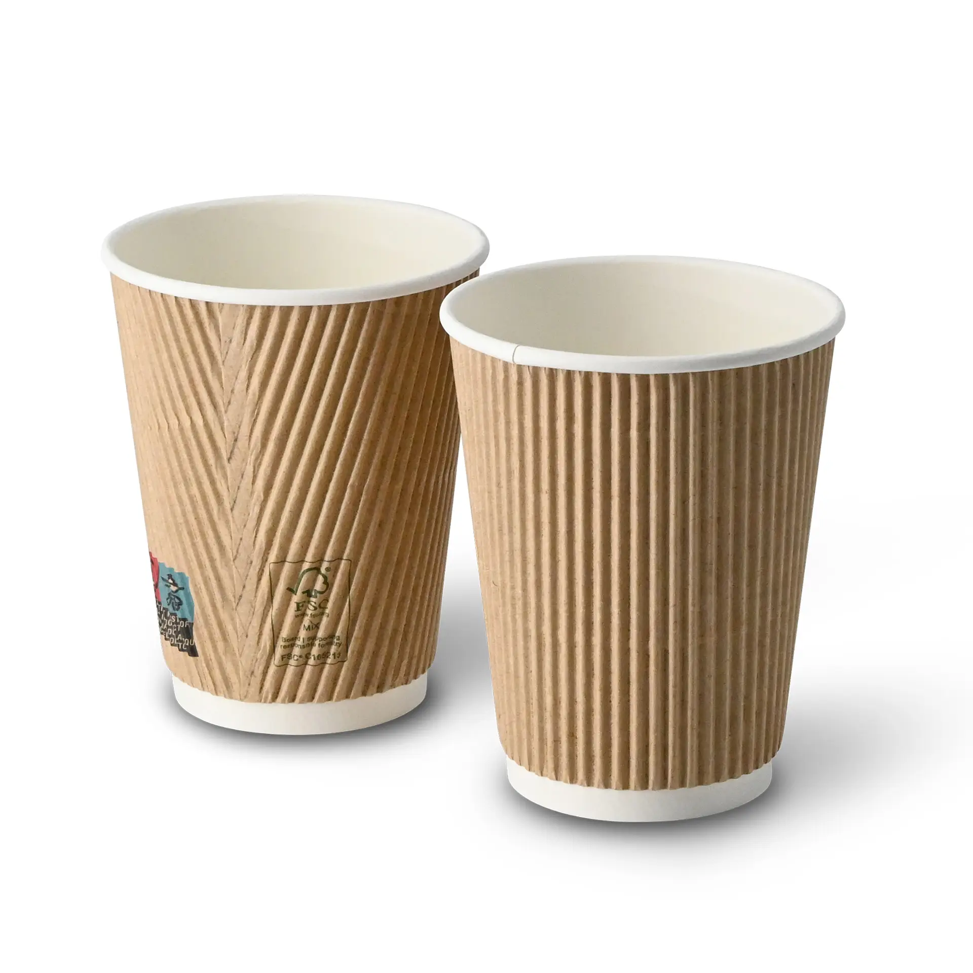 Twee 12 oz ribbelbekers met een bruine buitenkant en witte binnenkant, diameter van 90 mm.