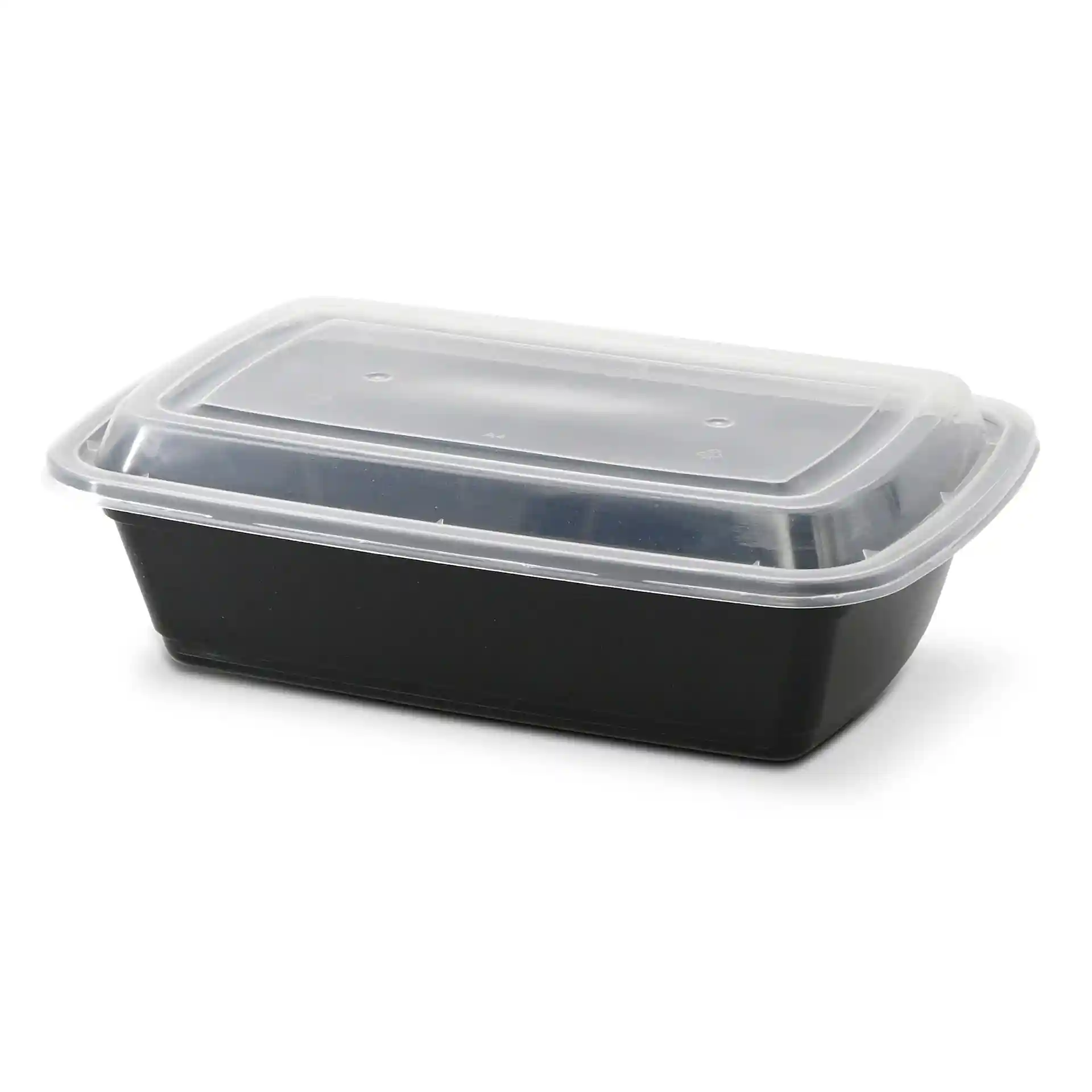 Rechthoekige zwarte herbruikbare container met een doorzichtig deksel, 217 mm lang, 150 mm breed en 52 mm hoog.