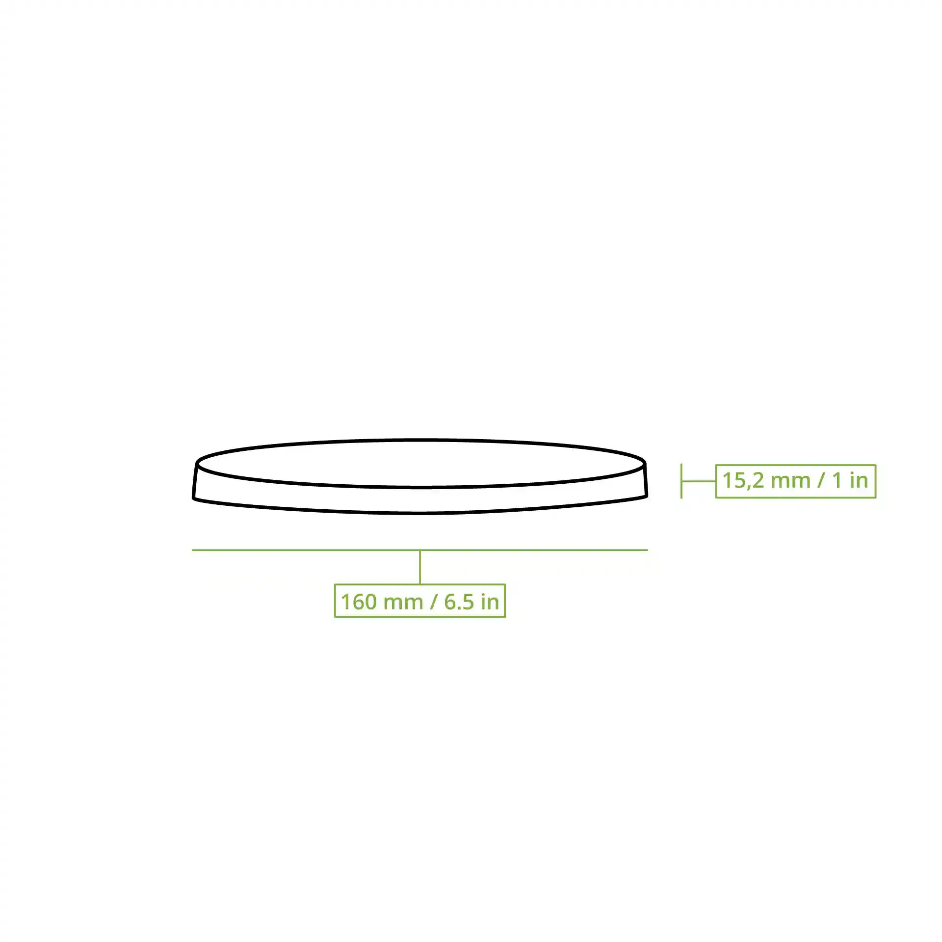 Schematische tekening van een ronde, transparante deksel met een diameter van 160 mm en een hoogte van 15,2 mm.