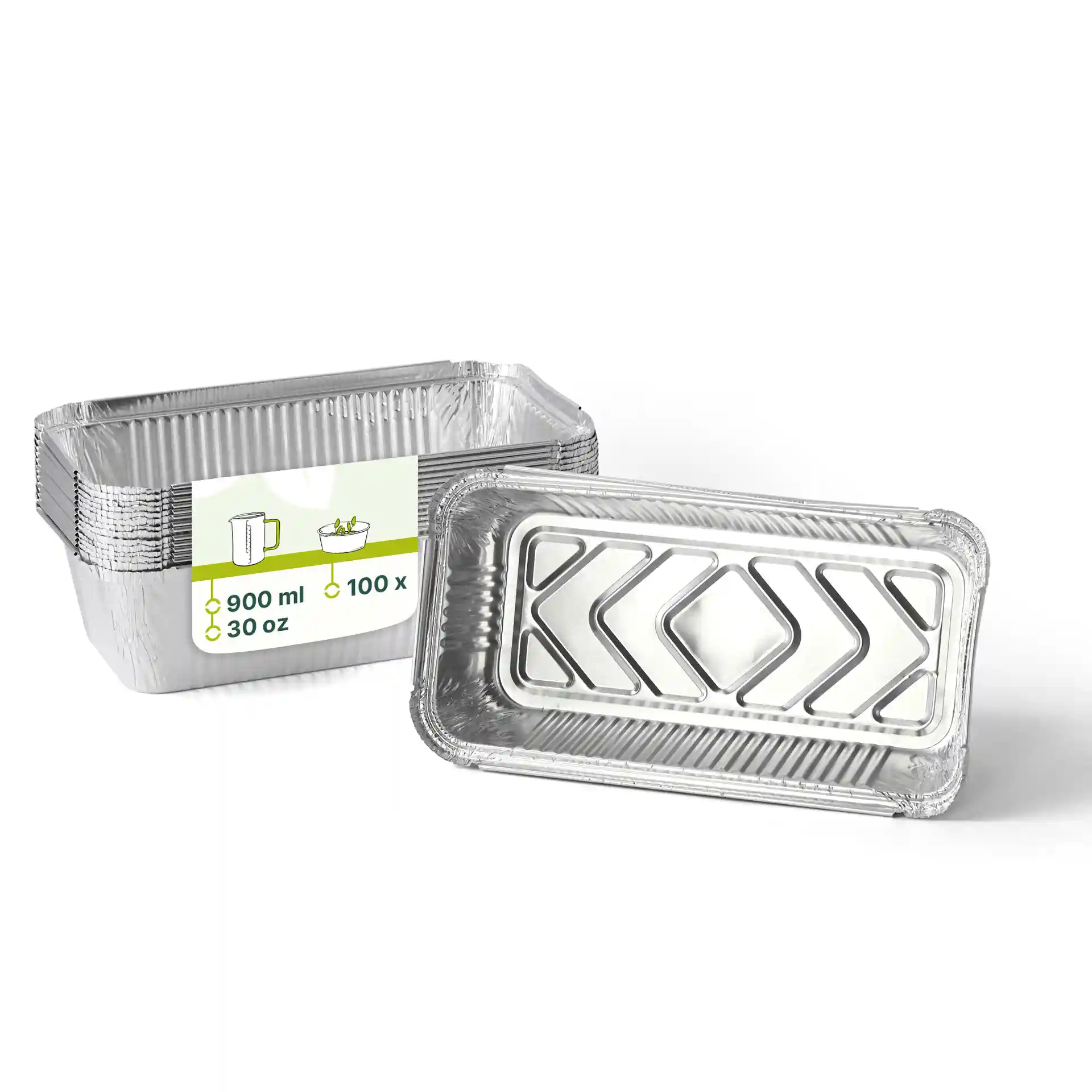 Rechthoekige aluminium container, 21,8 x 11,3 x 5,4 cm, met een inhoud van 900 ml, getoond met meerdere gestapelde containers.