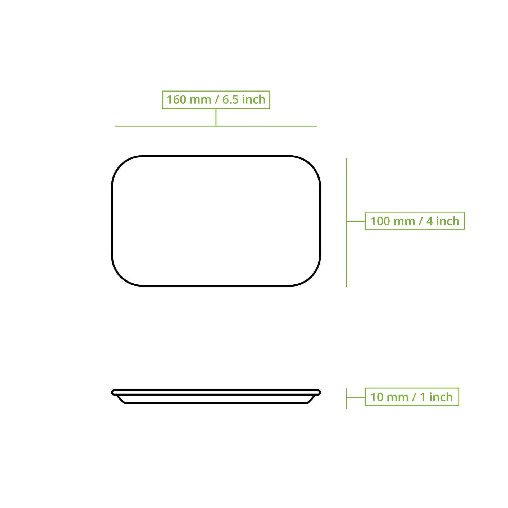 Schematische tekening van een rechthoekig papieren bord van 160 mm bij 100 mm en een hoogte van 10 mm.