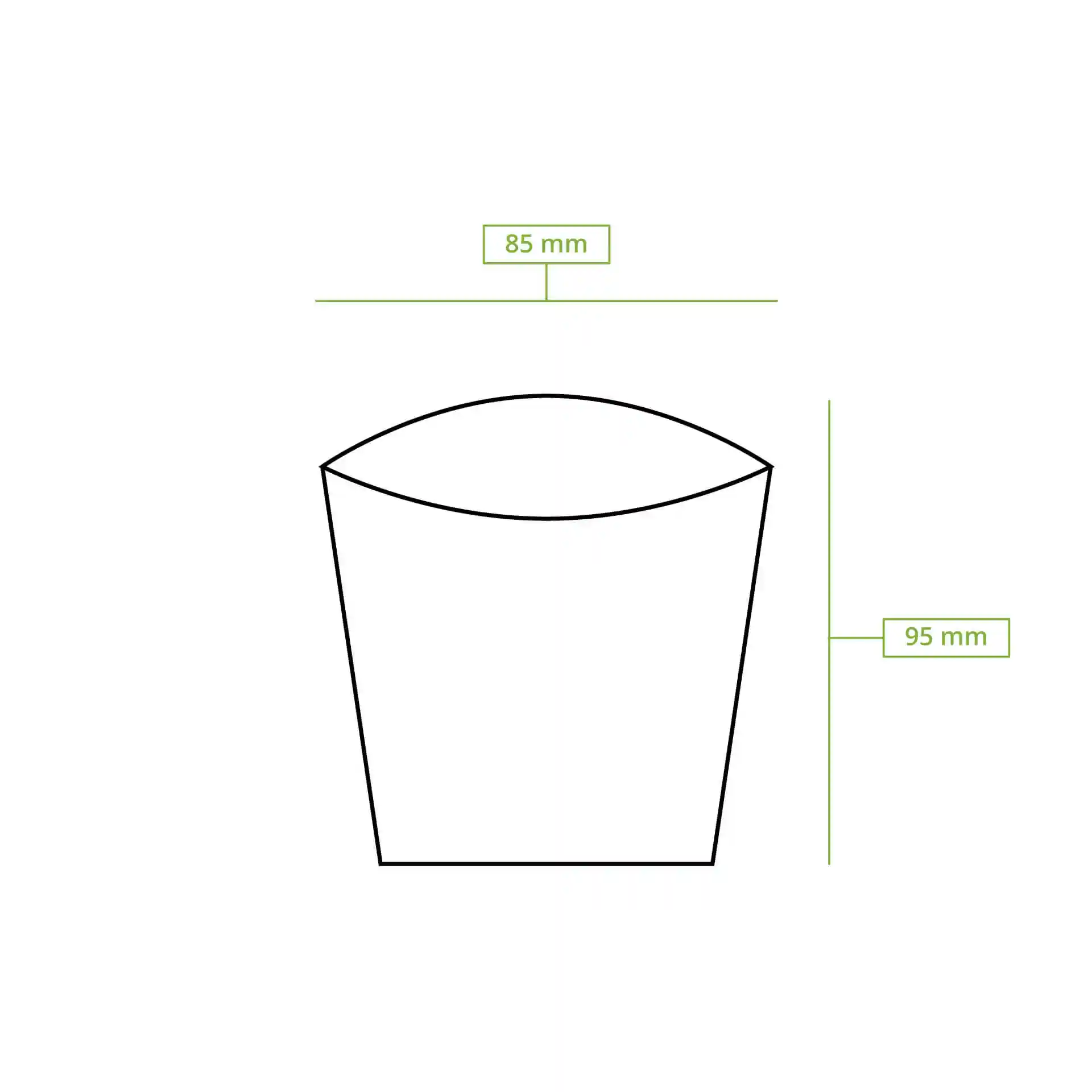 Schematische tekening van een kartonnen schep met afmetingen van 85 mm lengte en 95 mm hoogte.