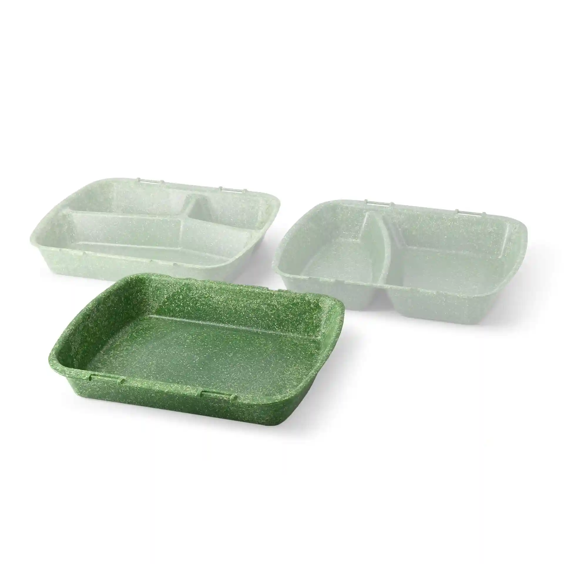 Drie herbruikbare groene menu-containers in verschillende maten, twee met vakken en één rechthoekig.