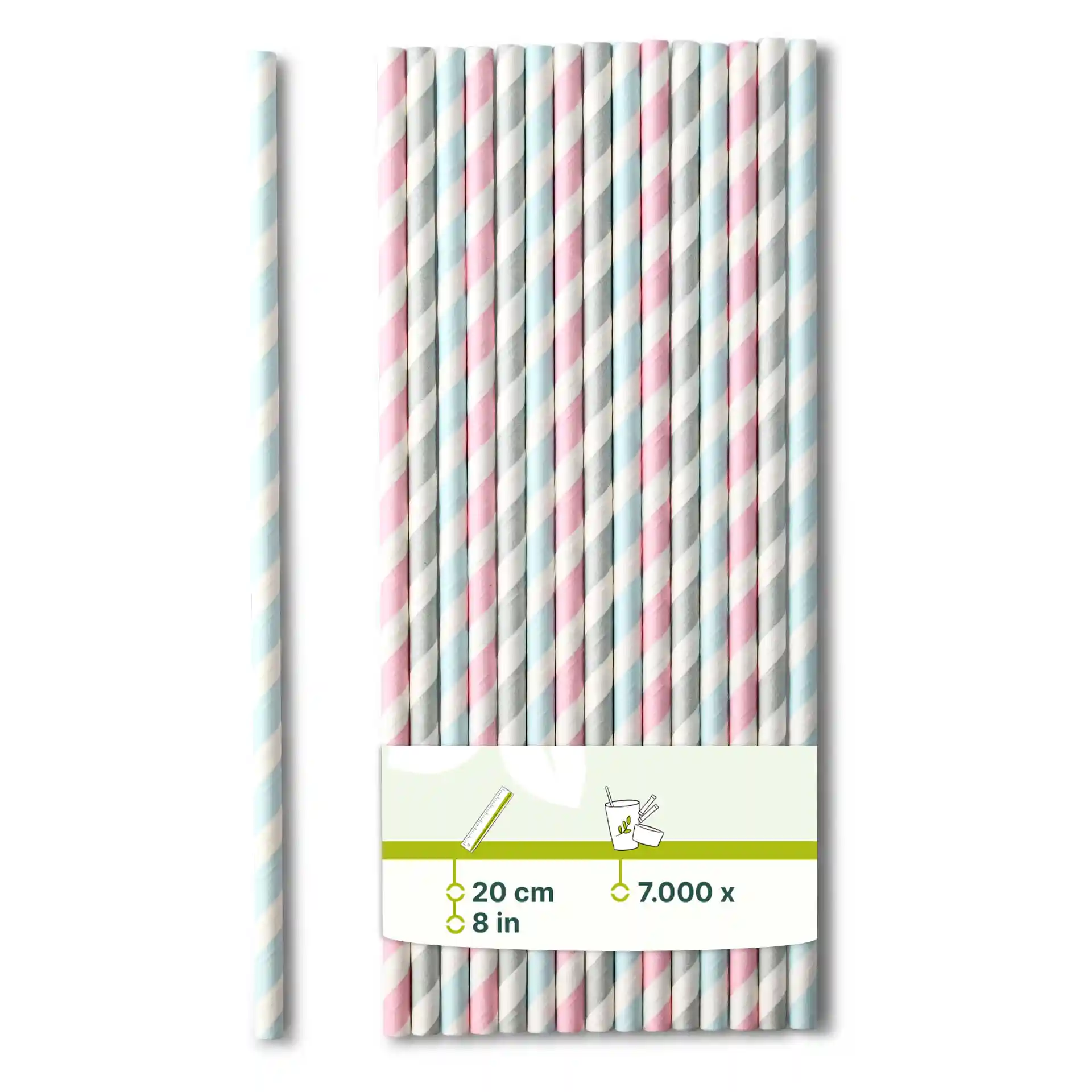 Pastelgestreepte papieren rietjes, 20 cm lang en 0,6 cm in diameter, in een bundel met een label.