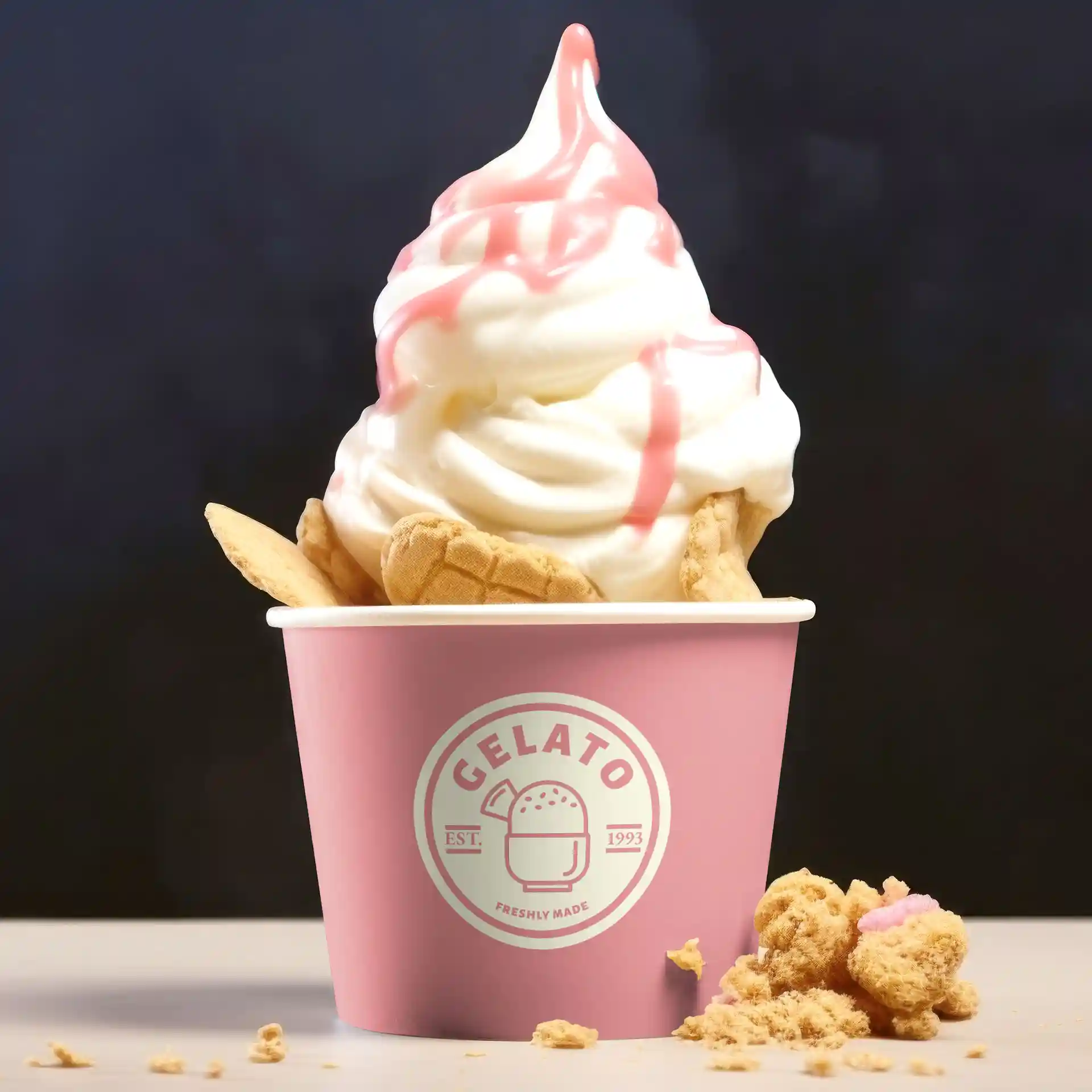 IJs in een roze beker met een logo, getopt met gedraaide witte en roze soft serve, en koekjesstukjes ernaast.