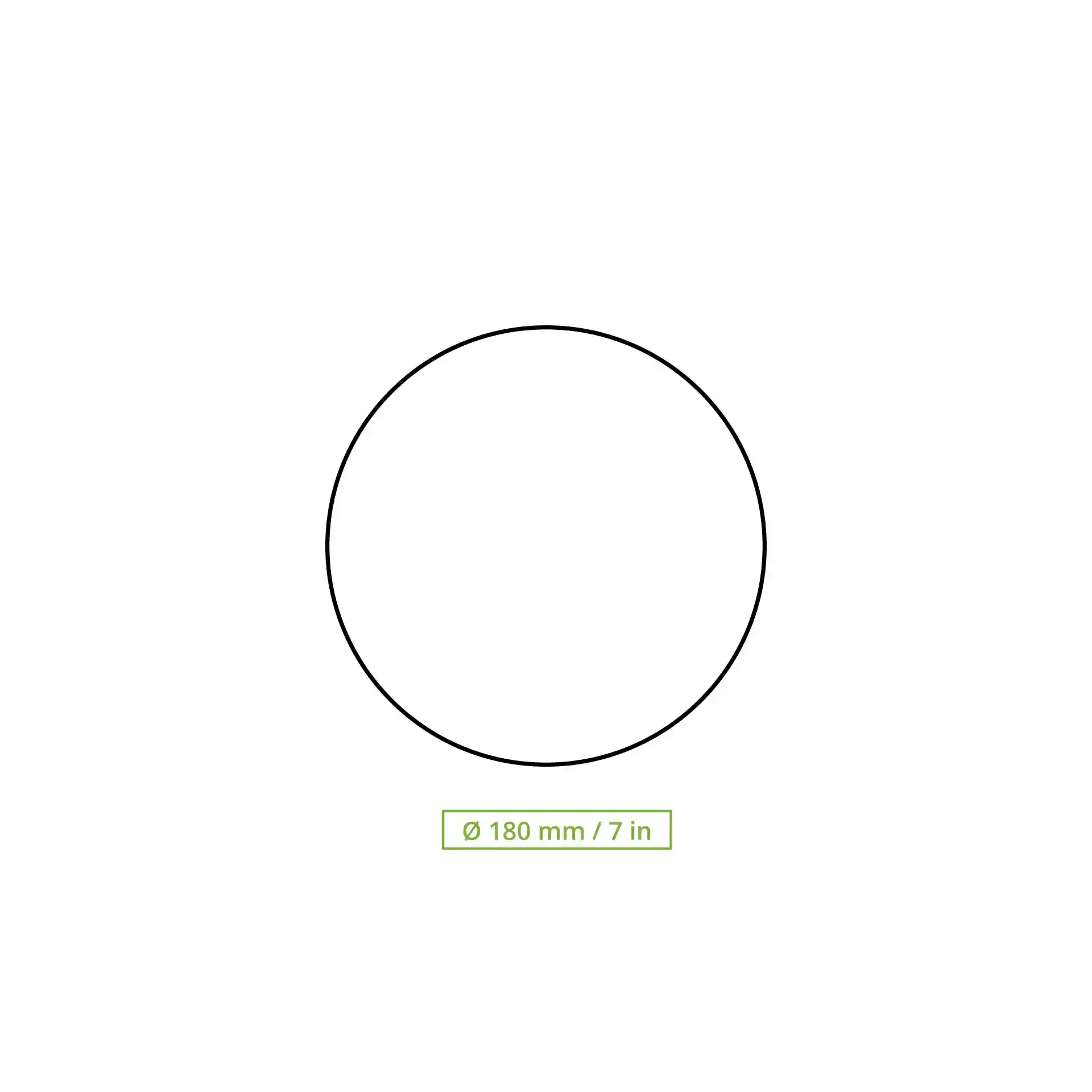 Schematische tekening van een ronde deksel met een diameter van 180 mm op een effen achtergrond.