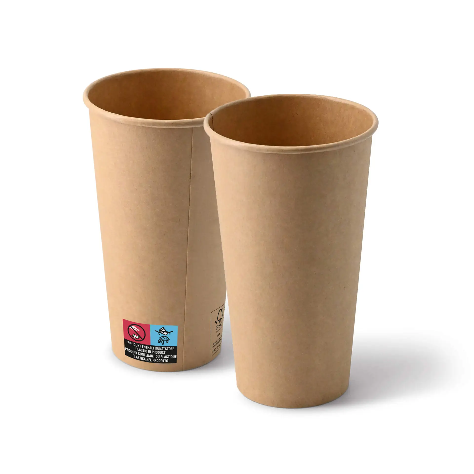 Twee bruine papieren bekers, 20 oz, rechtopstaand met een PE-gecoate buitenkant; ideaal voor het serveren van dranken zoals koffie en thee.