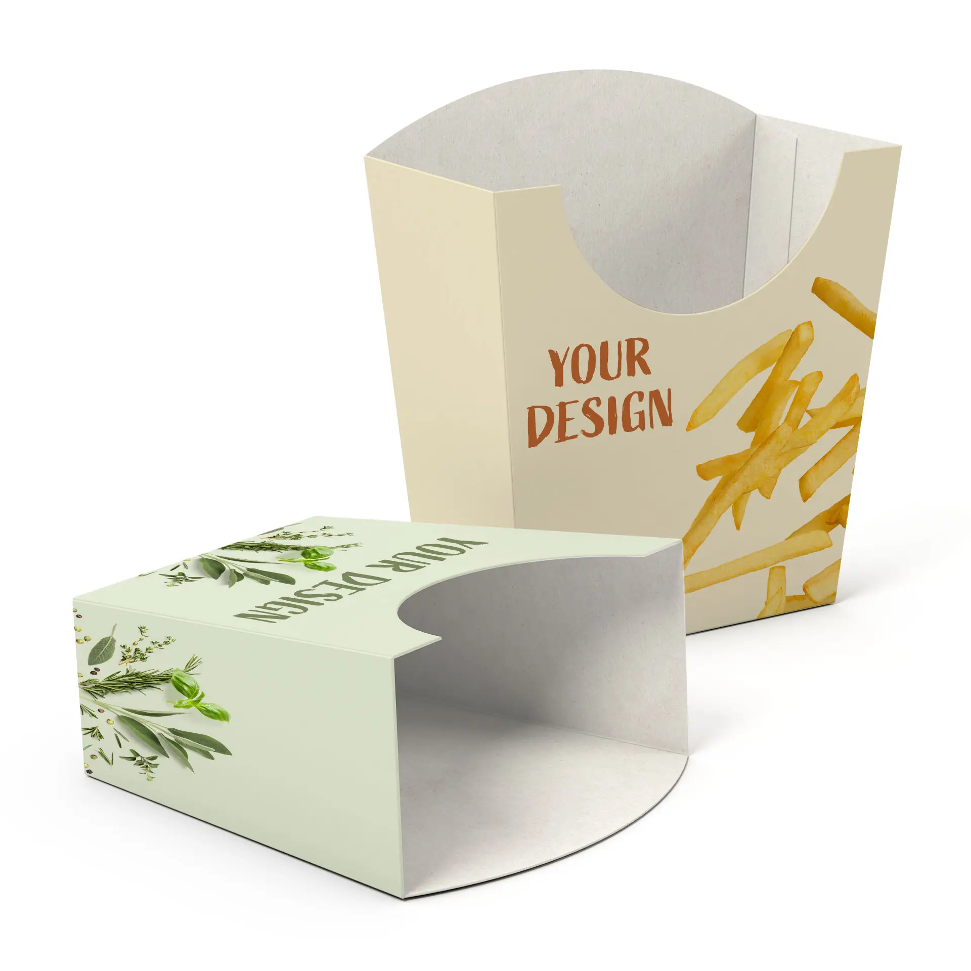 Twee aanpasbare frietscheppen in crème en groen, met ruimte voor ontwerpen. Eén schep toont frieten; de andere heeft bladddecoraties.