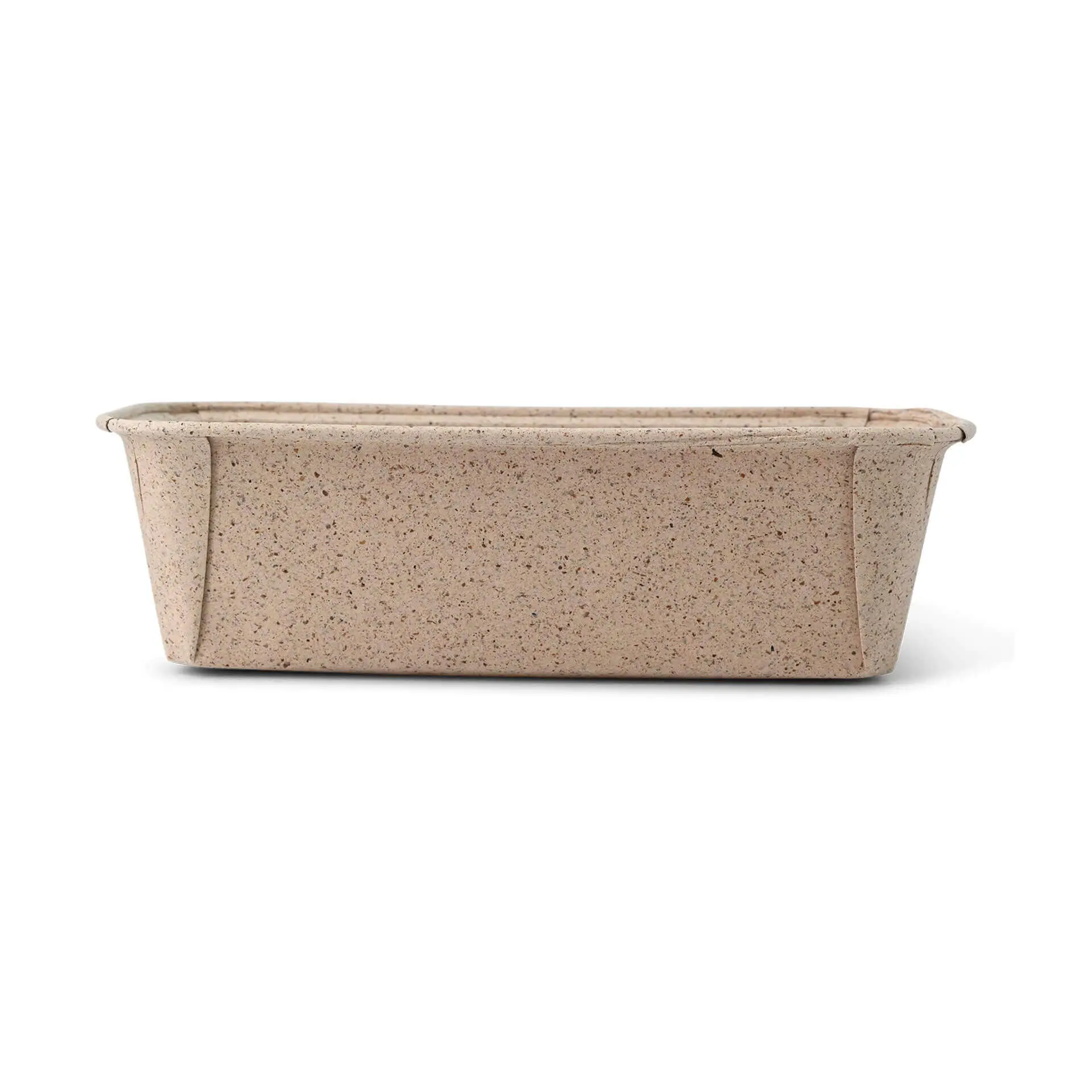 Rechthoekige, biologisch afbreekbare bakvorm van cacao papier, bruin, afmetingen 16 × 5,5 × 5 cm.