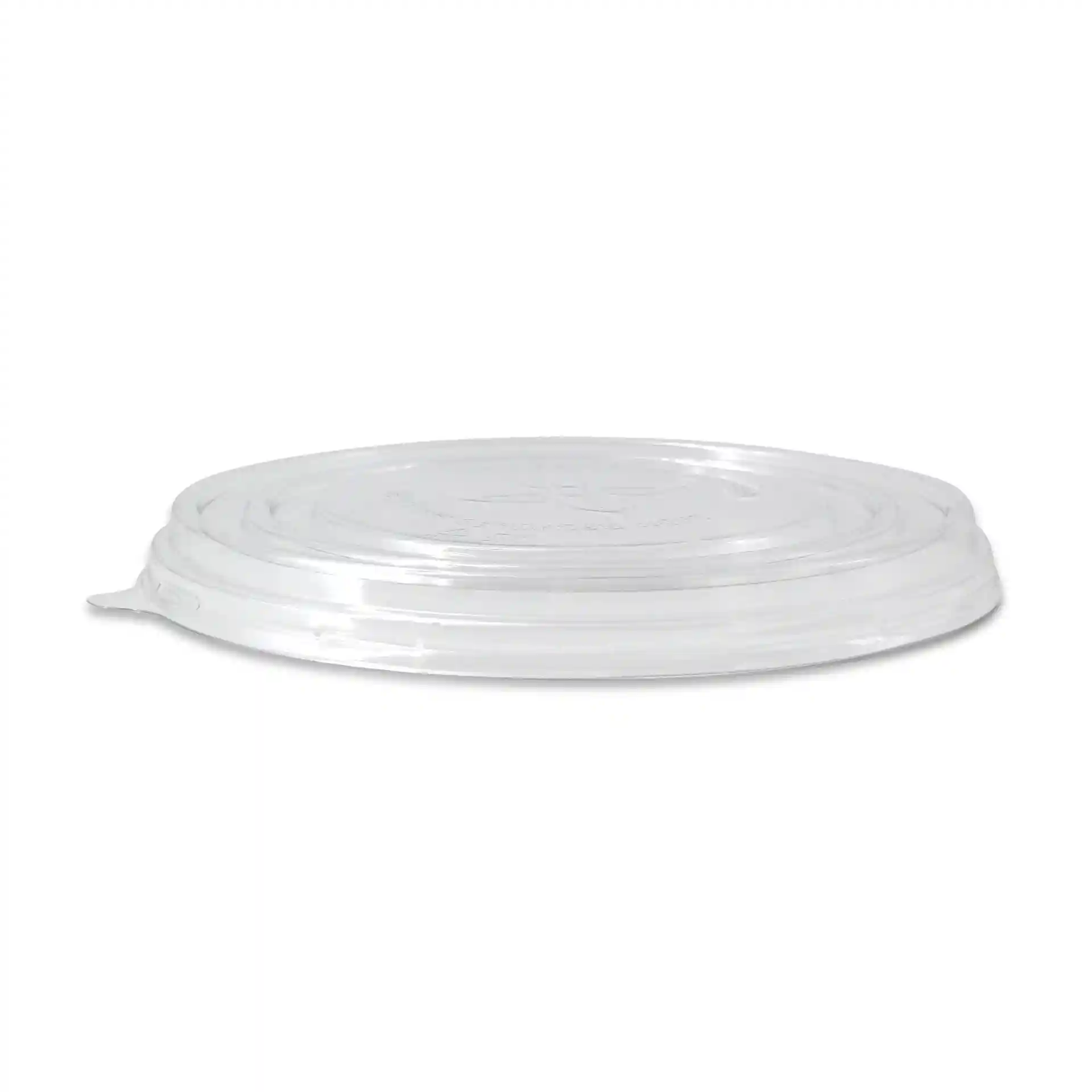 Transparante ronde deksel van rPET, met een diameter van 185 mm en een hoogte van 21 mm.
