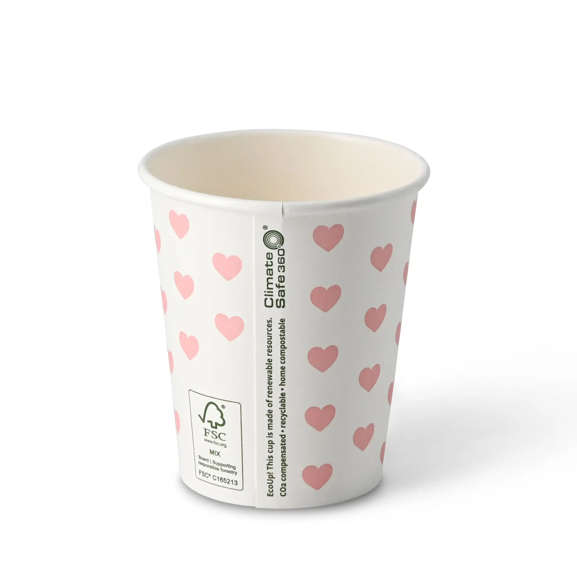 Papieren beker bedrukt "Hearts" 200 ml / 8 oz, Ø 80 mm, wit
