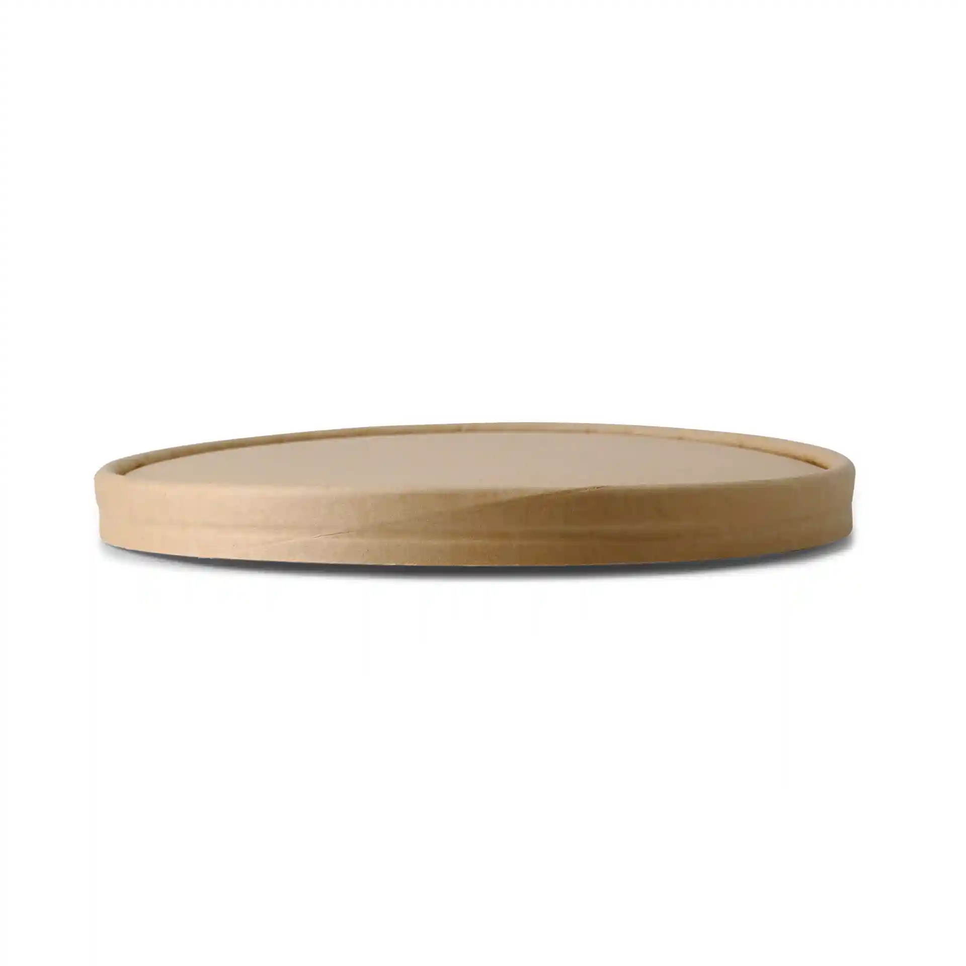 Bruine ronde kartonnen deksel met een diameter van 185 mm en een hoogte van 16 mm.