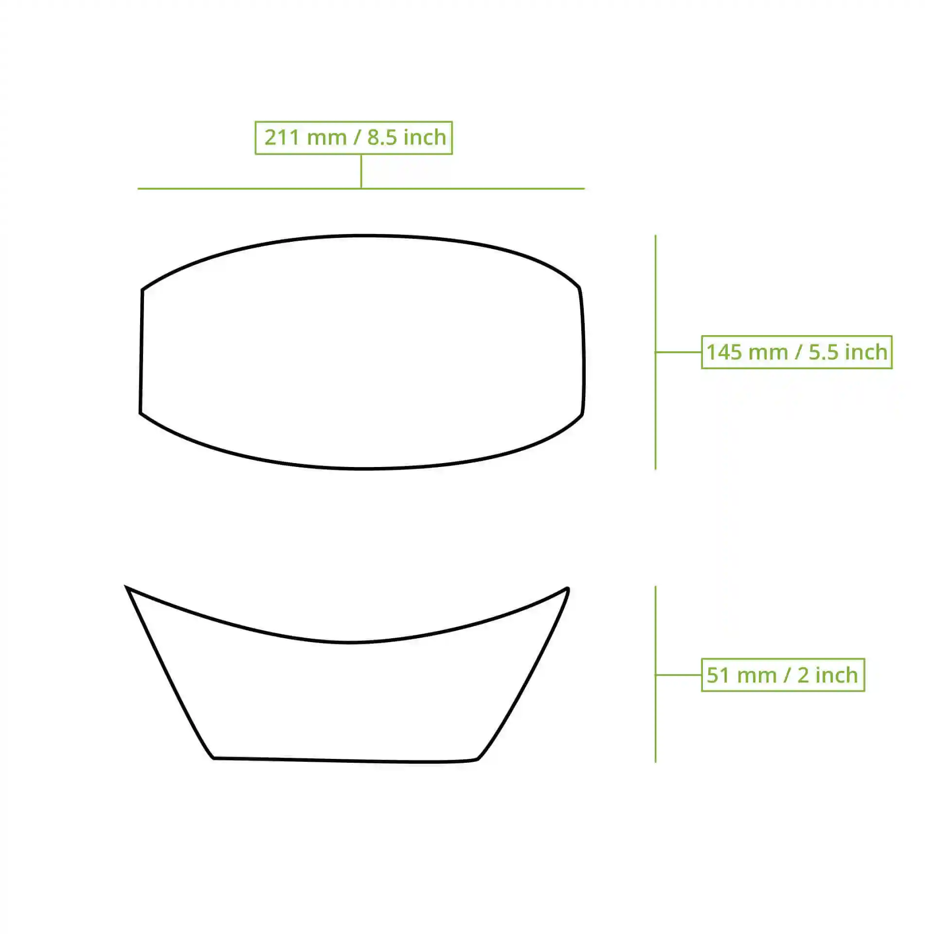 Schematische tekening van een rechthoekige voedseltray met afmetingen van 211 mm bij 145 mm en een hoogte van 51 mm.