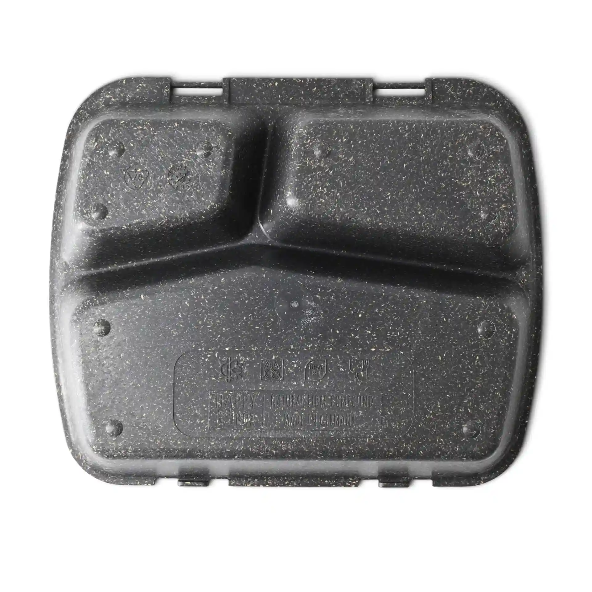 Herbruikbare maaltijdcontainer met drie compartimenten, grijze kleur, afmetingen 24,5 x 20 x 4,5 cm.