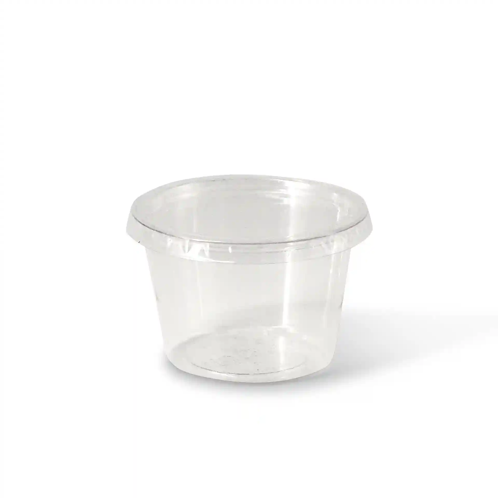 Heldere ronde portie beker met een diameter van 70 mm en een hoogte van 47 mm, gemaakt van PLA-materiaal.