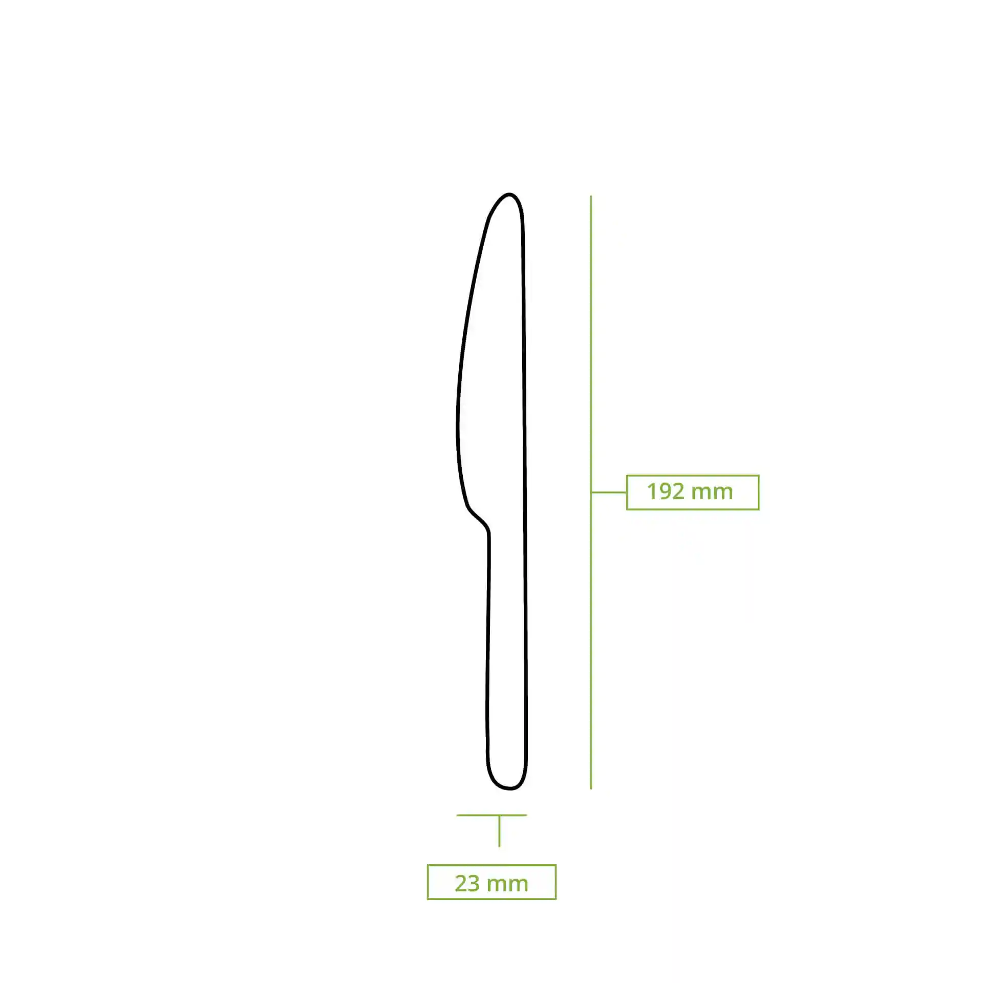 Schematische tekening van een houten mes met afmetingen van 192 mm lengte en 23 mm breedte.