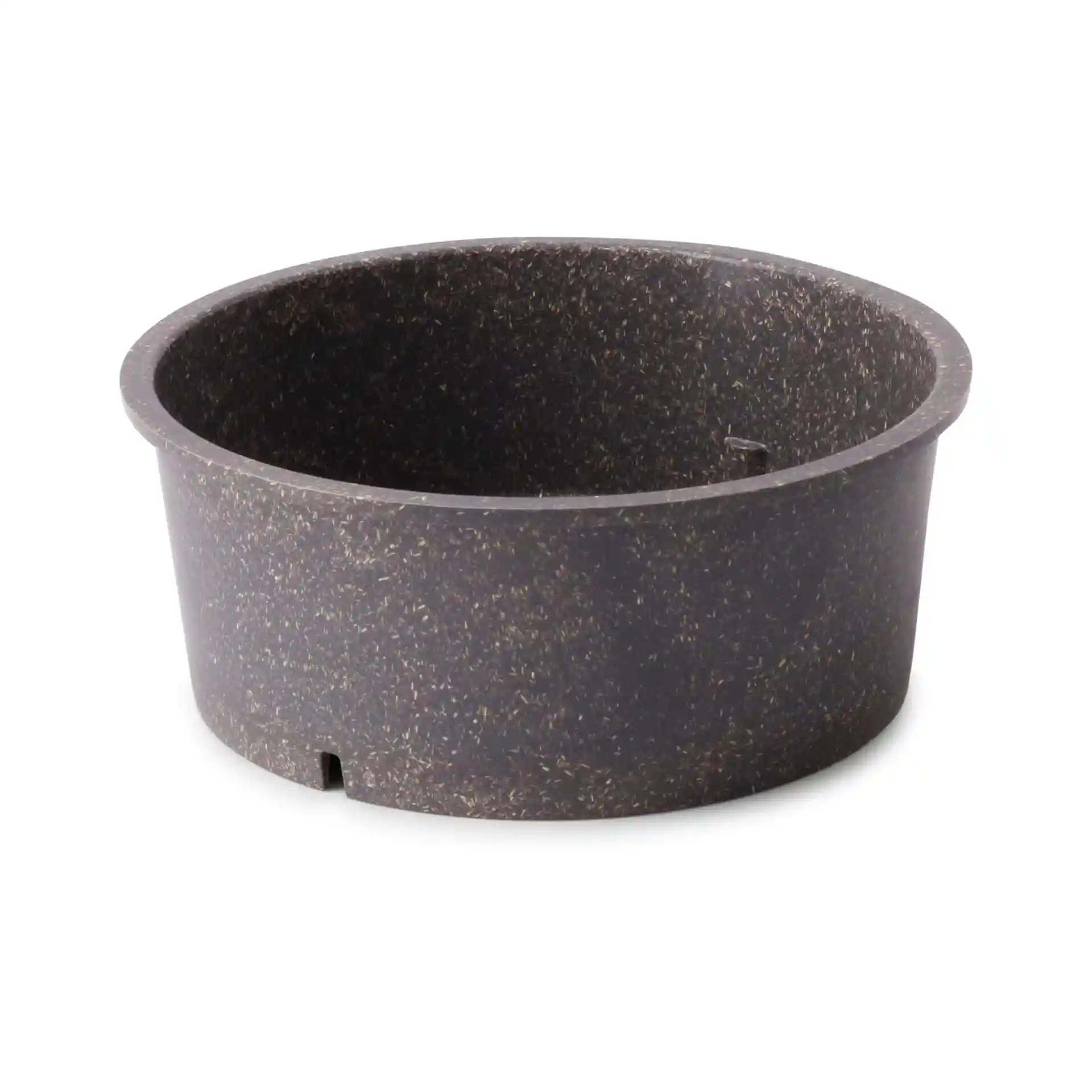 Ronde grijze herbruikbare kom met een diameter van 156 mm en een hoogte van 60 mm, gemaakt van biocomposietmateriaal.