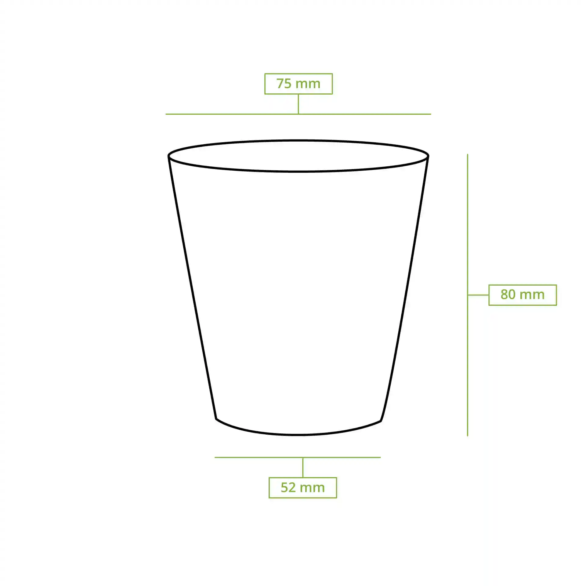Schematische tekening van een papieren beker met afmetingen: hoogte 77 mm, bovenste diameter 80 mm en basisdiameter 52 mm.