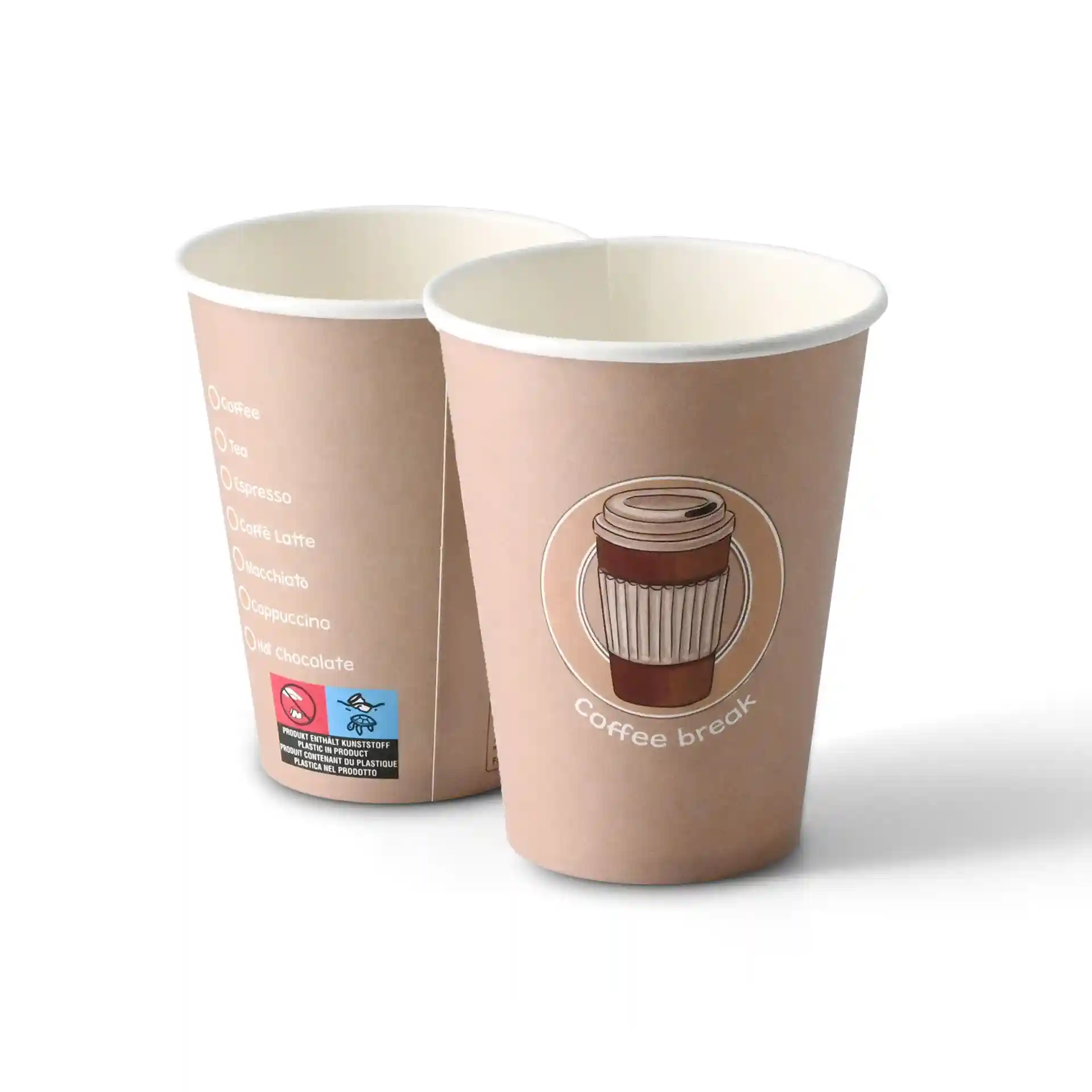Twee 12 oz papieren bekers met een gedrukt ontwerp, met een illustratie van een koffiekop en de tekst "koffiepauze".