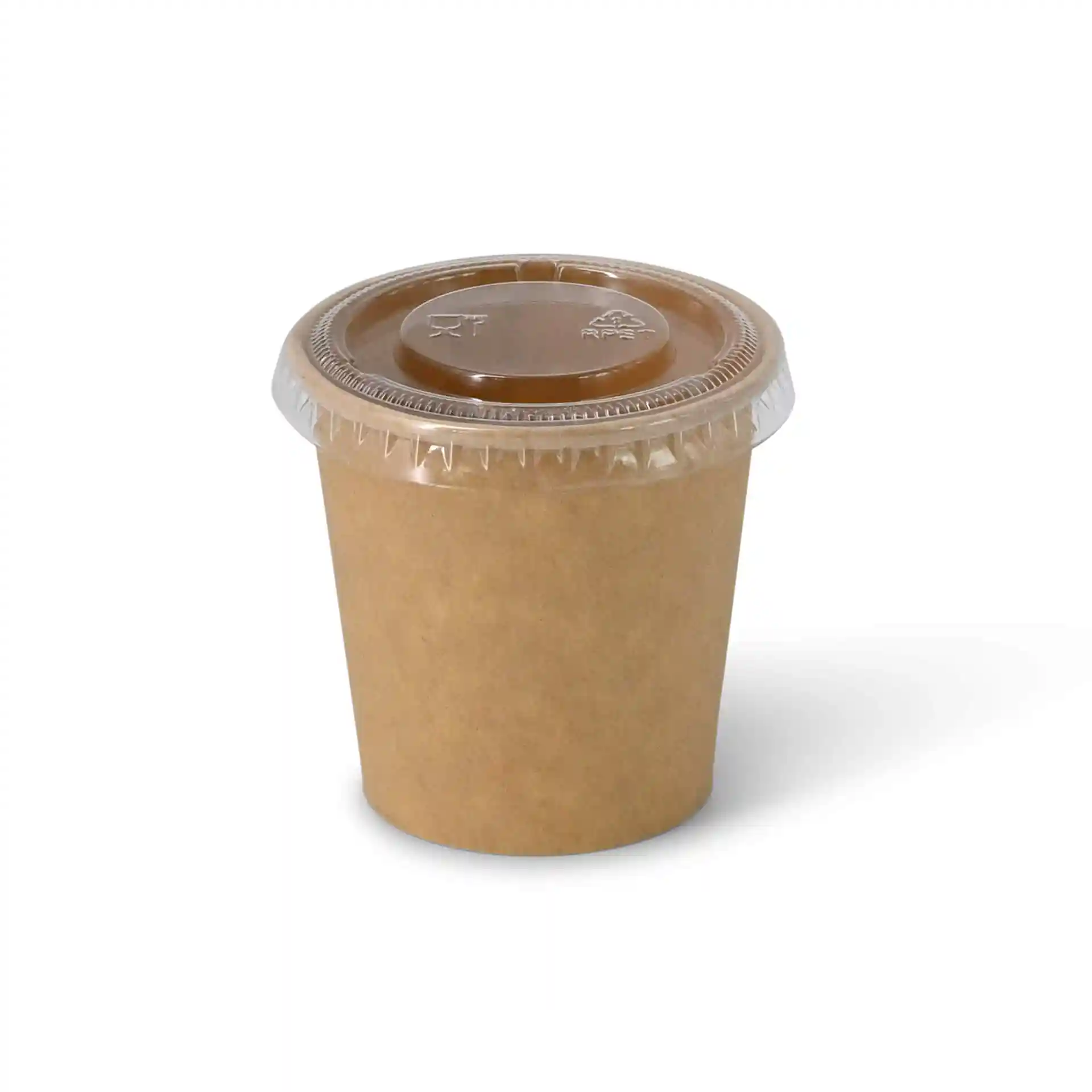Bruine papieren beker met een transparant plastic deksel, 75 ml inhoud, 62 mm diameter en 60 mm hoogte.