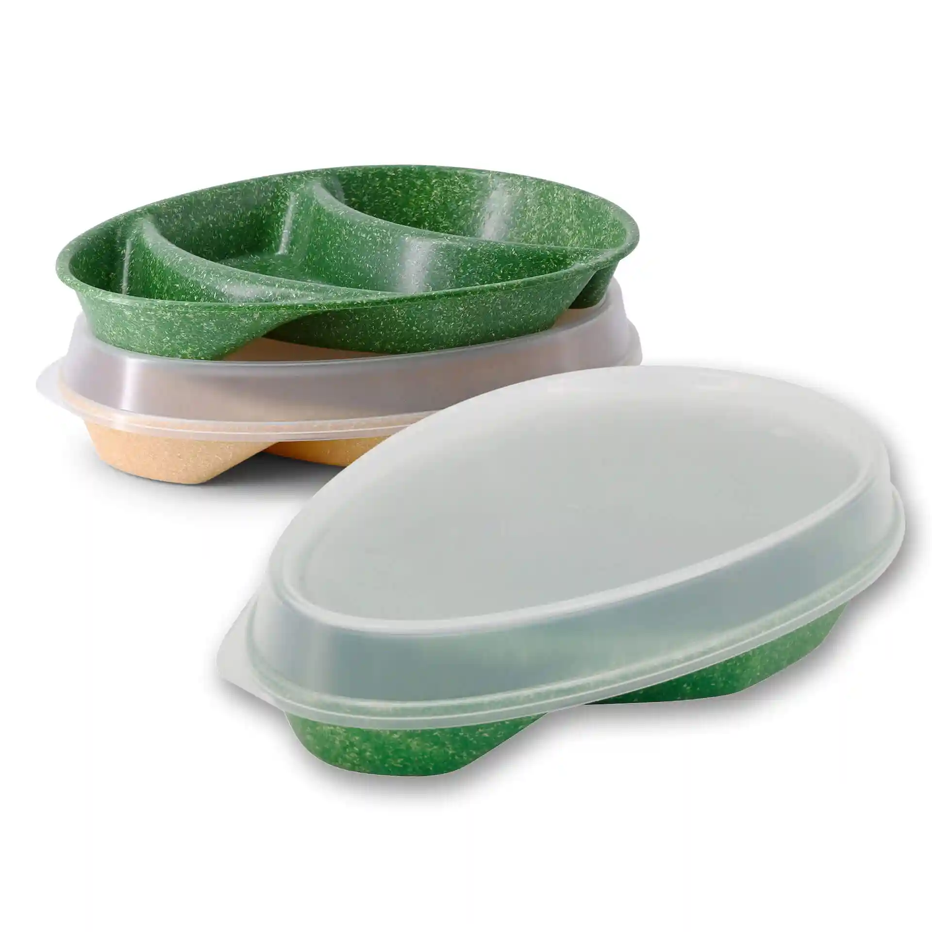 Groene herbruikbare menuschotel met drie compartimenten, in druppelvorm en met een doorzichtig deksel.