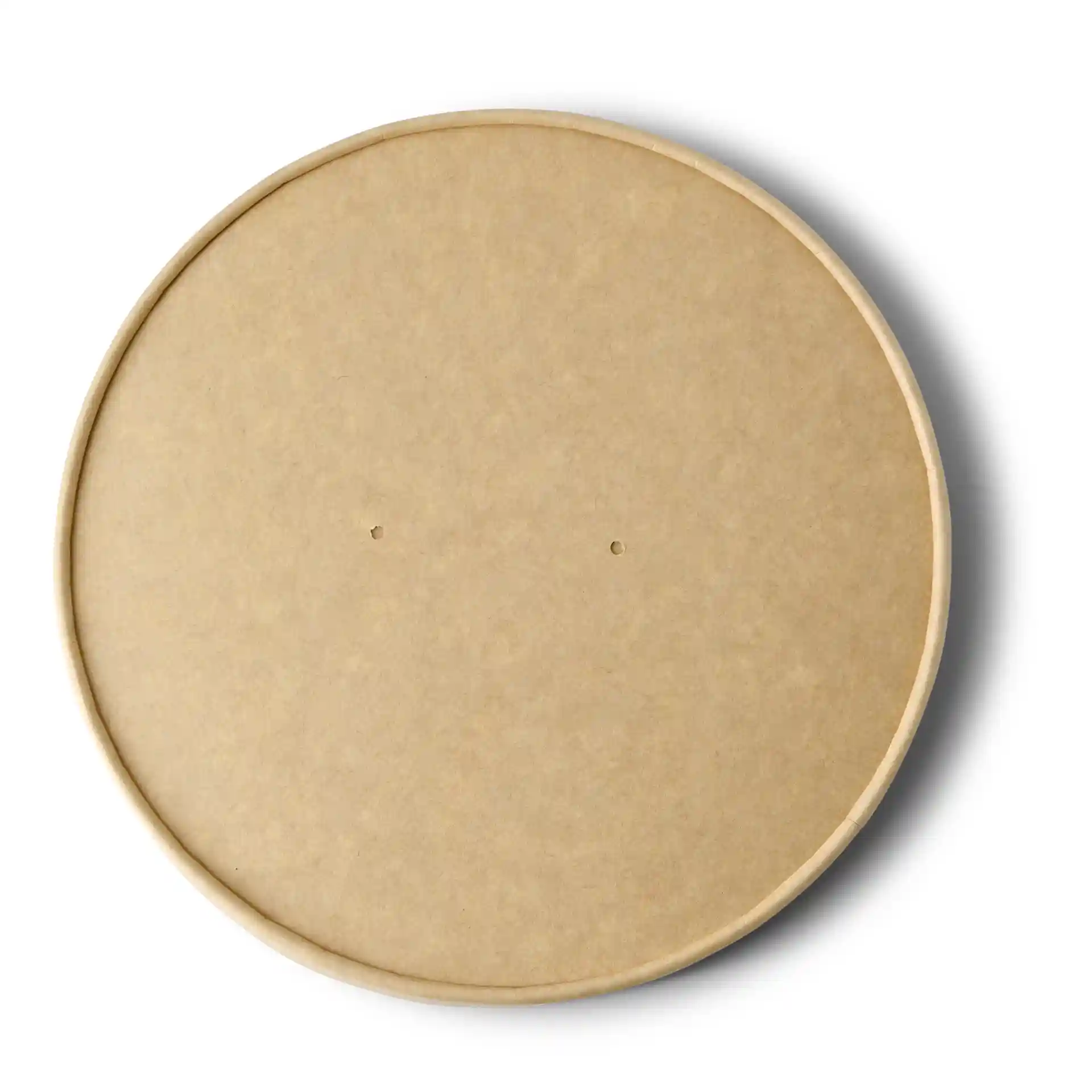 Ronde bruine kartonnen deksel met een diameter van 185 mm en twee kleine gaten op het oppervlak.
