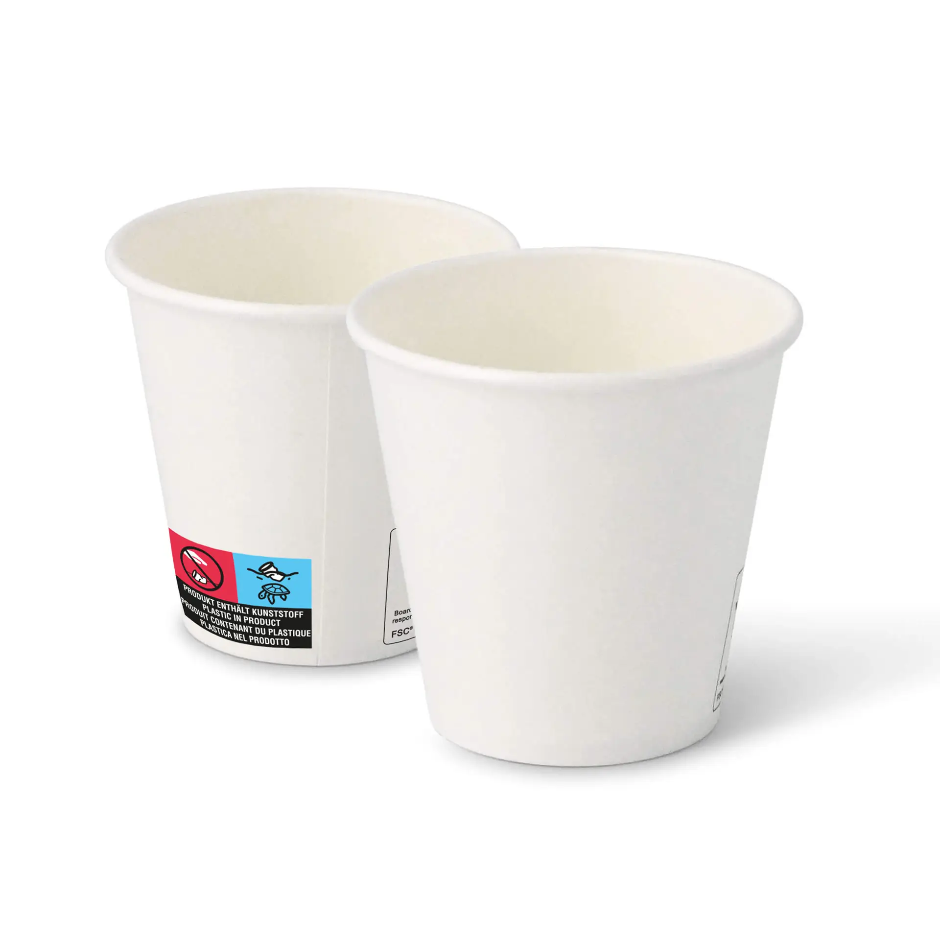 Twee witte papieren bekers met een ronde vorm, met binnen- en buitenaanzichten, op een effen achtergrond.