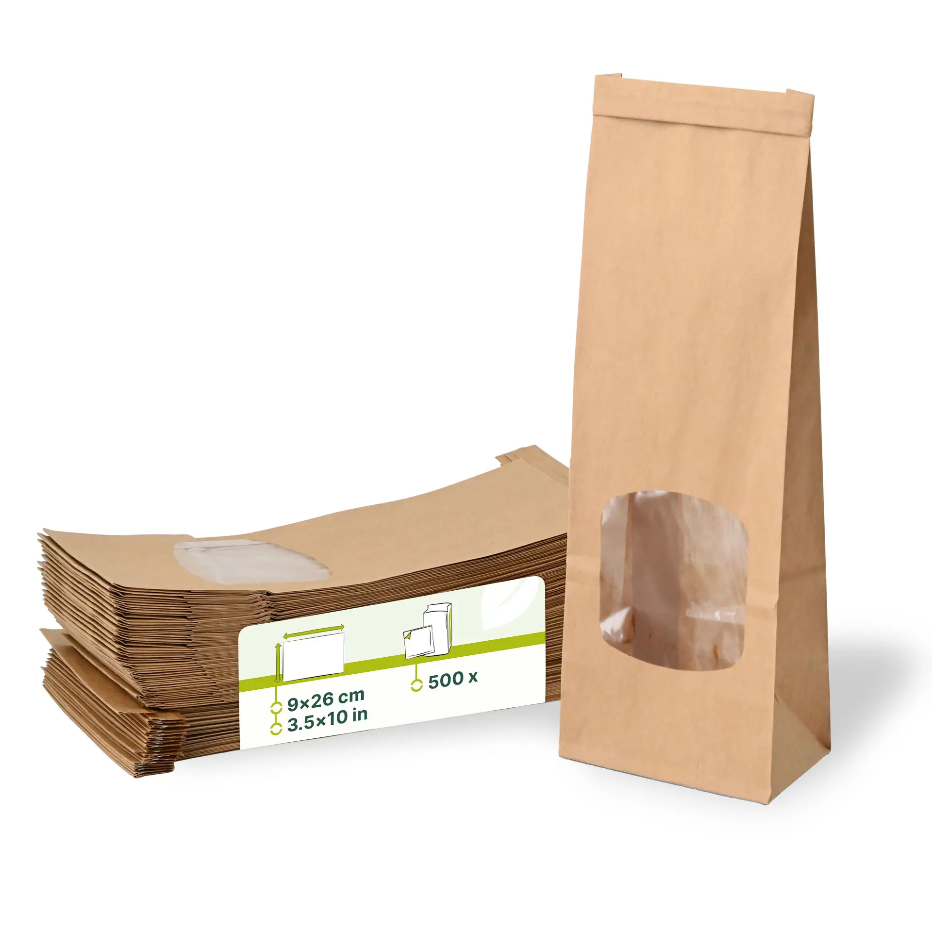 Blokbodemzakken met venster S, 9 x 4,5 x 26 cm, bruin, clipband Blokbodemzakken met venster S, 9 x 4,5 x 26 cm, bruin, clipband