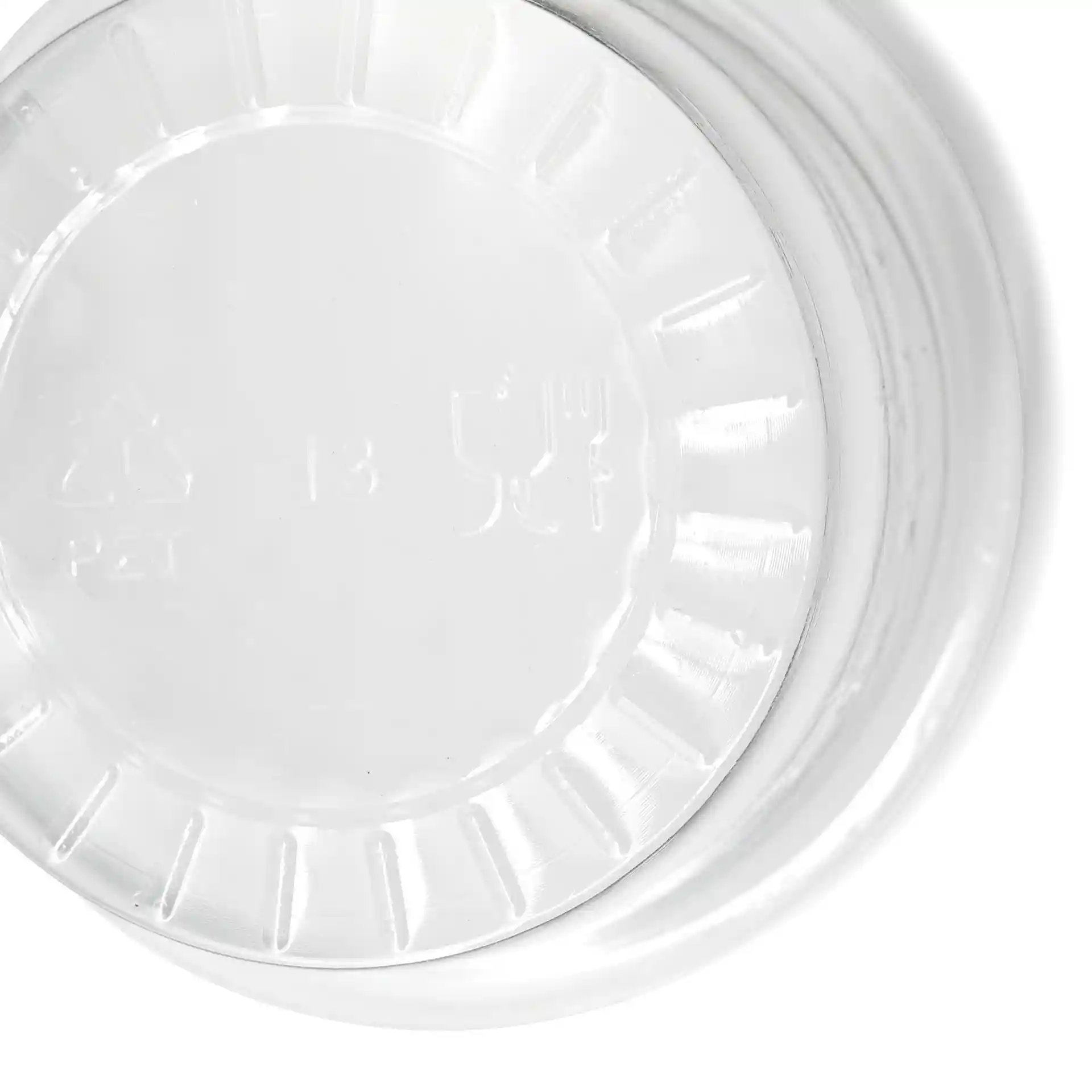 Heldere rPET-sauspot met ronde vorm, 75 mm diameter, toont de onderkant met markeringen en een gladde oppervlakte.