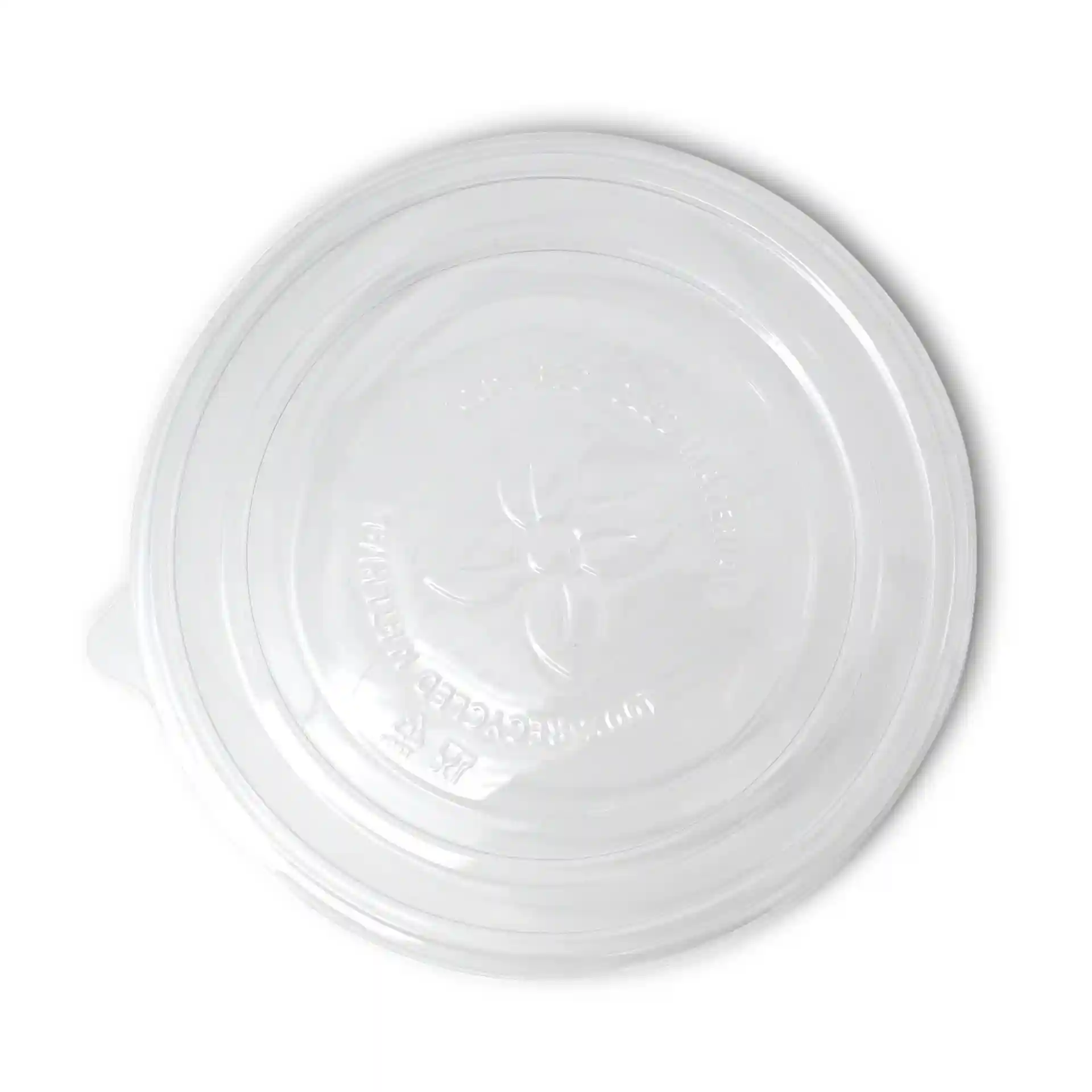 Transparante ronde deksel van rPET, met een diameter van 185 mm en een hoogte van 21 mm.