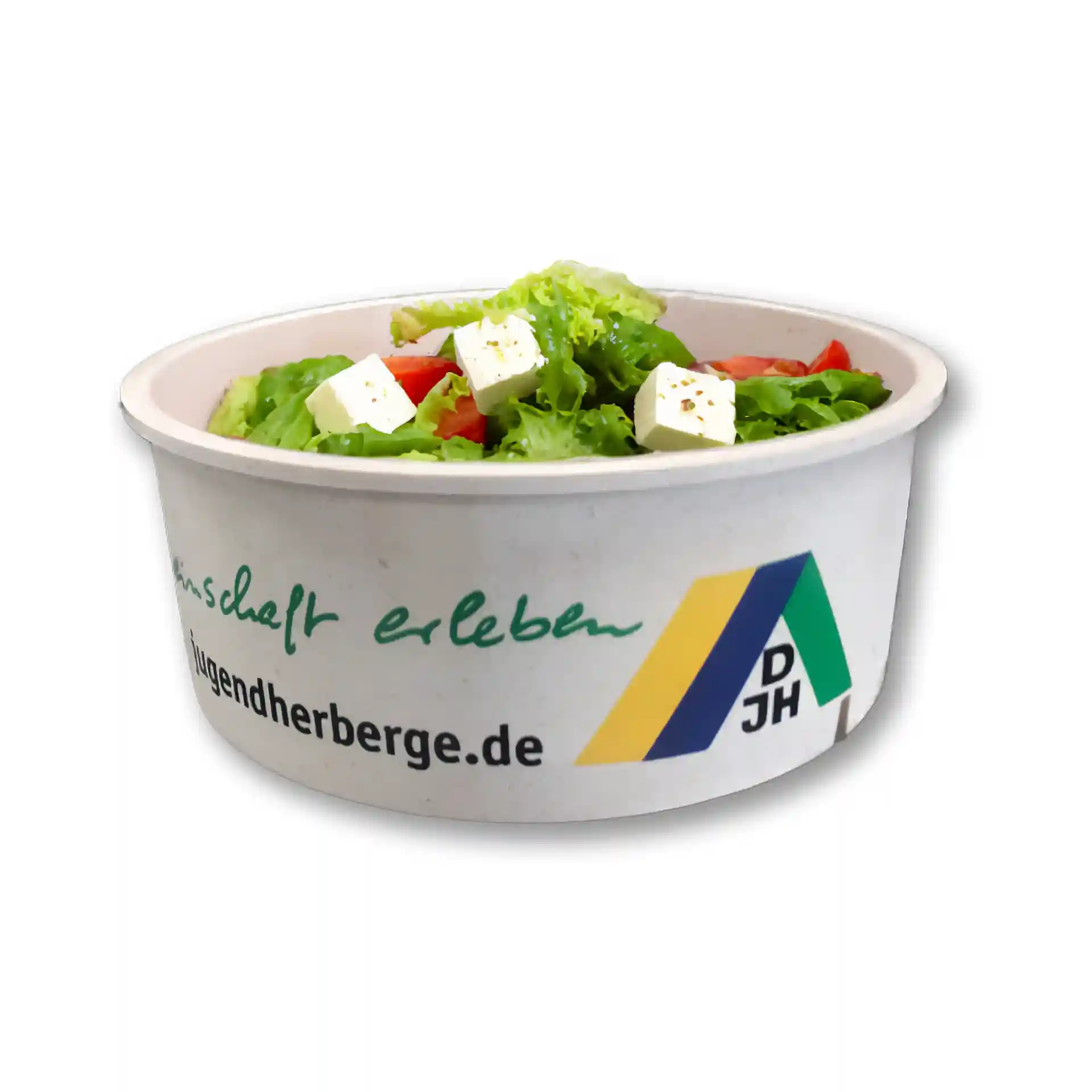 Ronde herbruikbare kom gevuld met salade, met sla, tomaten en feta, met een bedrukt ontwerp aan de zijkant.