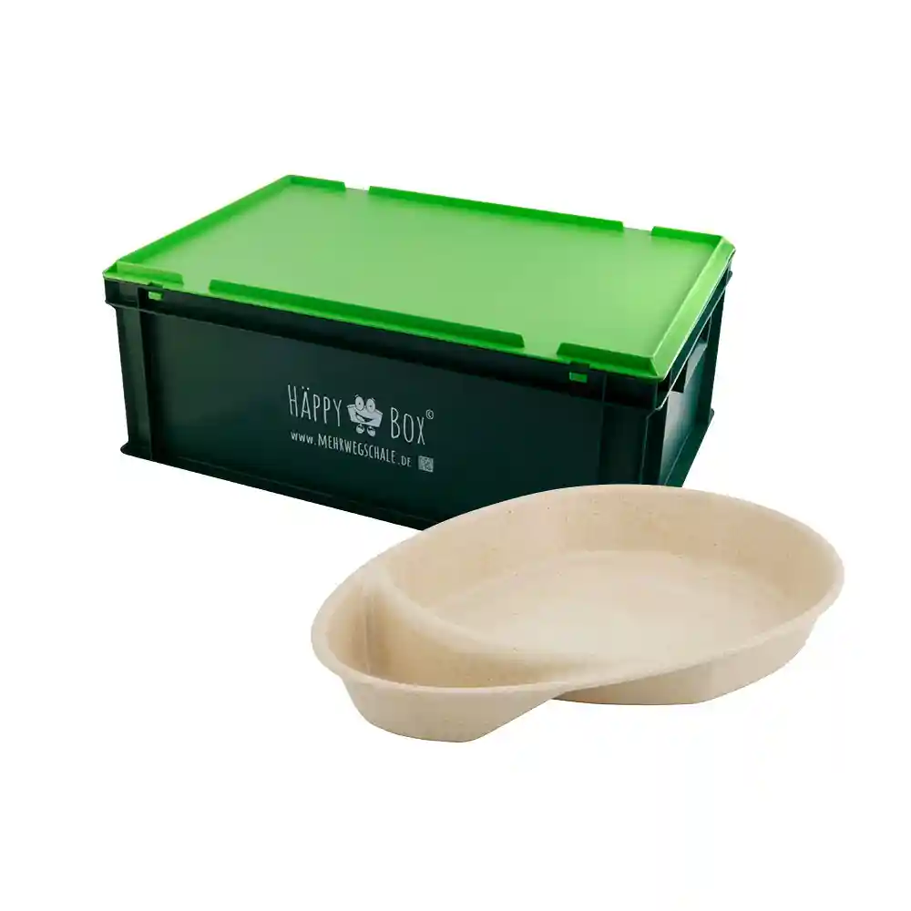 Opbergdoos met een groene deksel naast een beige serveerschaal met twee compartimenten.