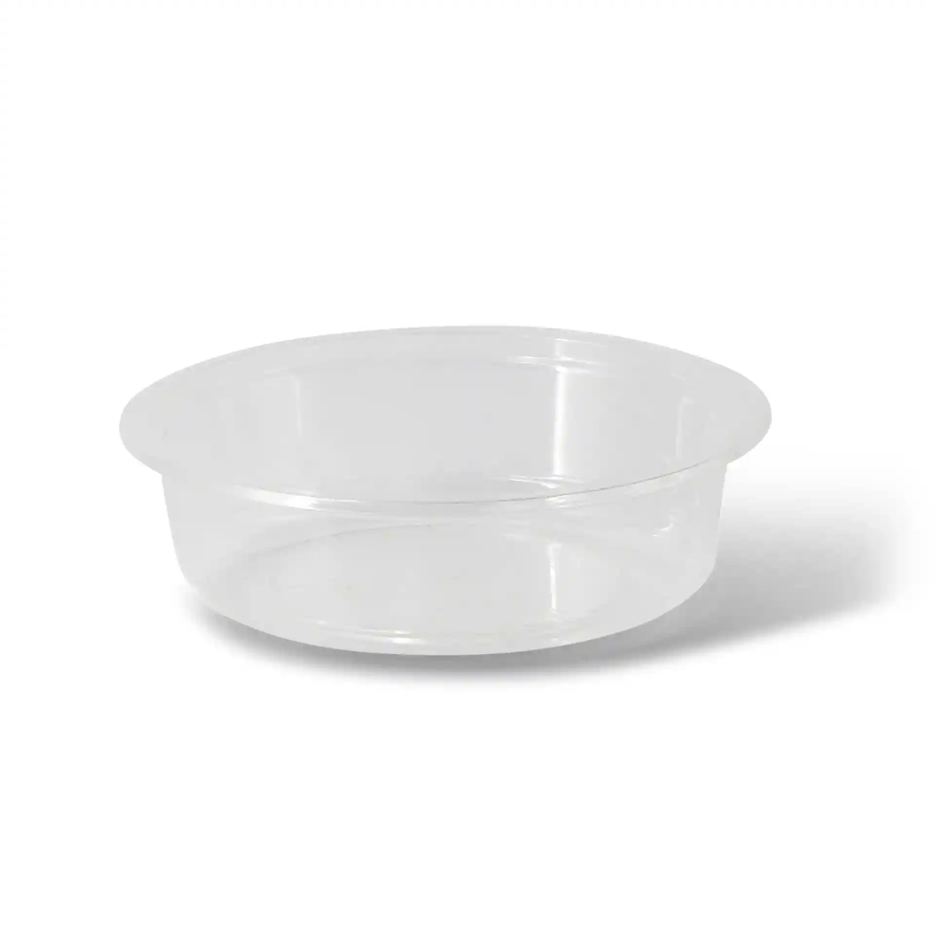 Transparante ronde deli-container met een diameter van 120 mm en een hoogte van 34 mm.