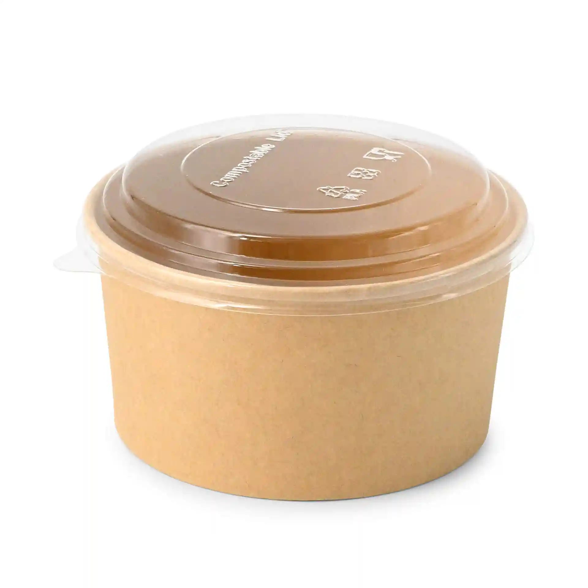 Bruine ronde papieren kom met een doorzichtige deksel, 800 ml capaciteit, met een milieuvriendelijke coating.
