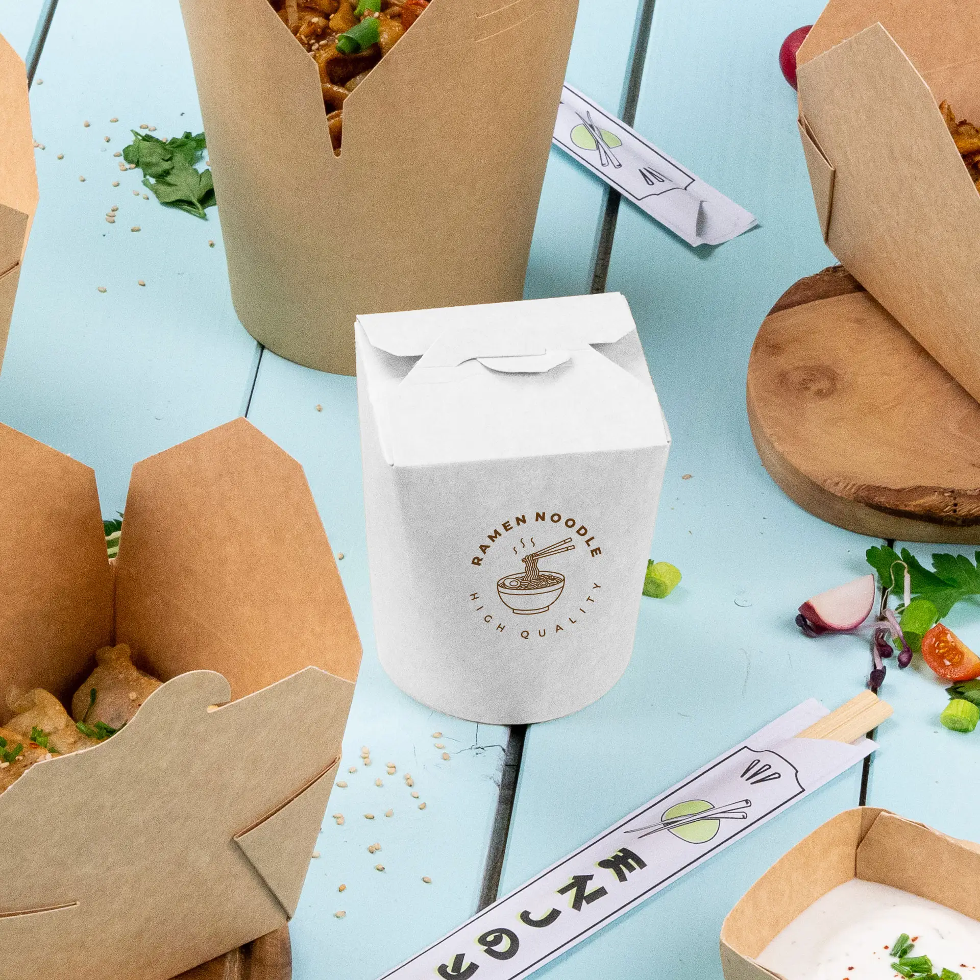 Bedrukte noedelboxen, 400 ml, wit, PE-coating