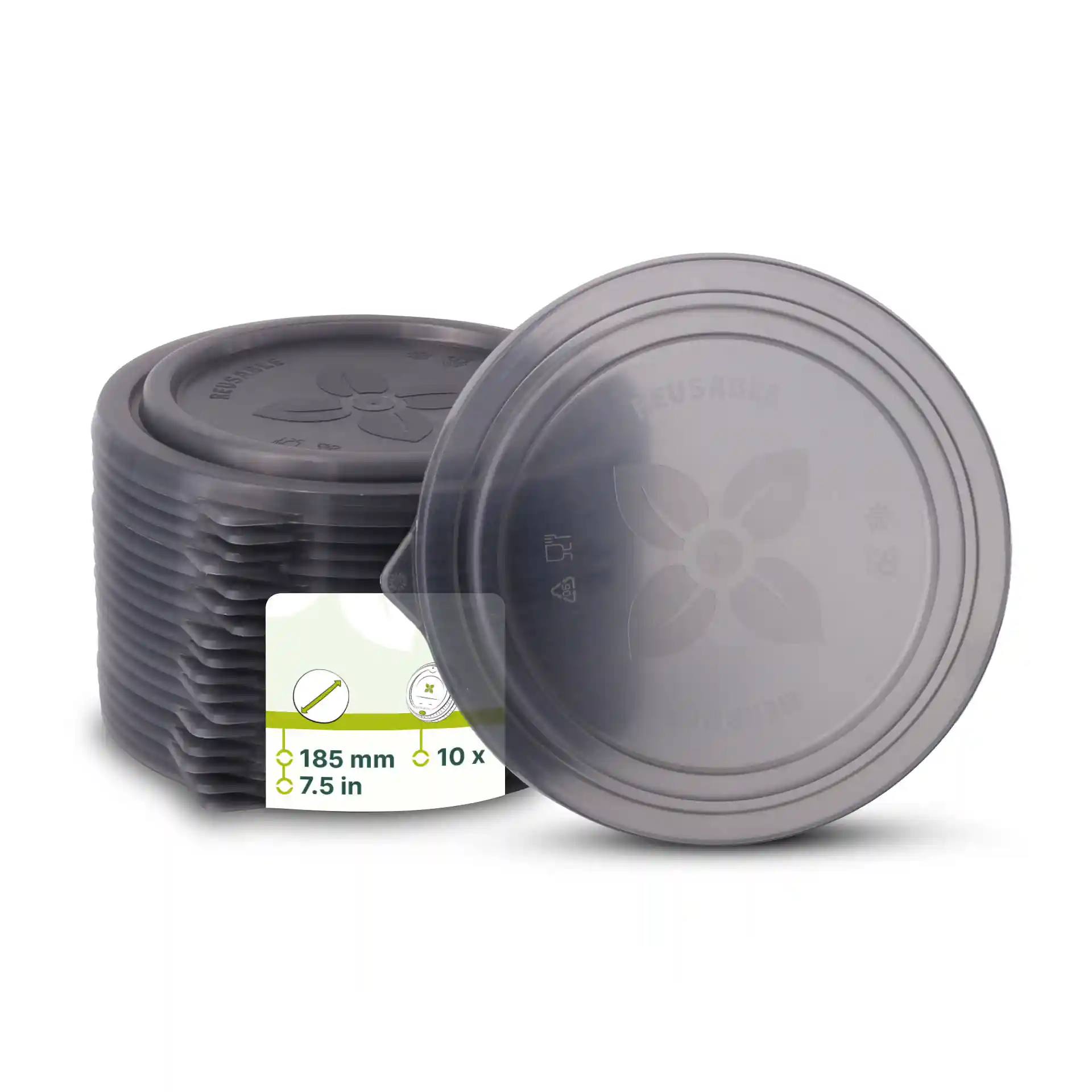 Stapel grijze herbruikbare deksels in ronde vorm, met een diameter van 185 mm, weergegeven met een label met afmetingen.