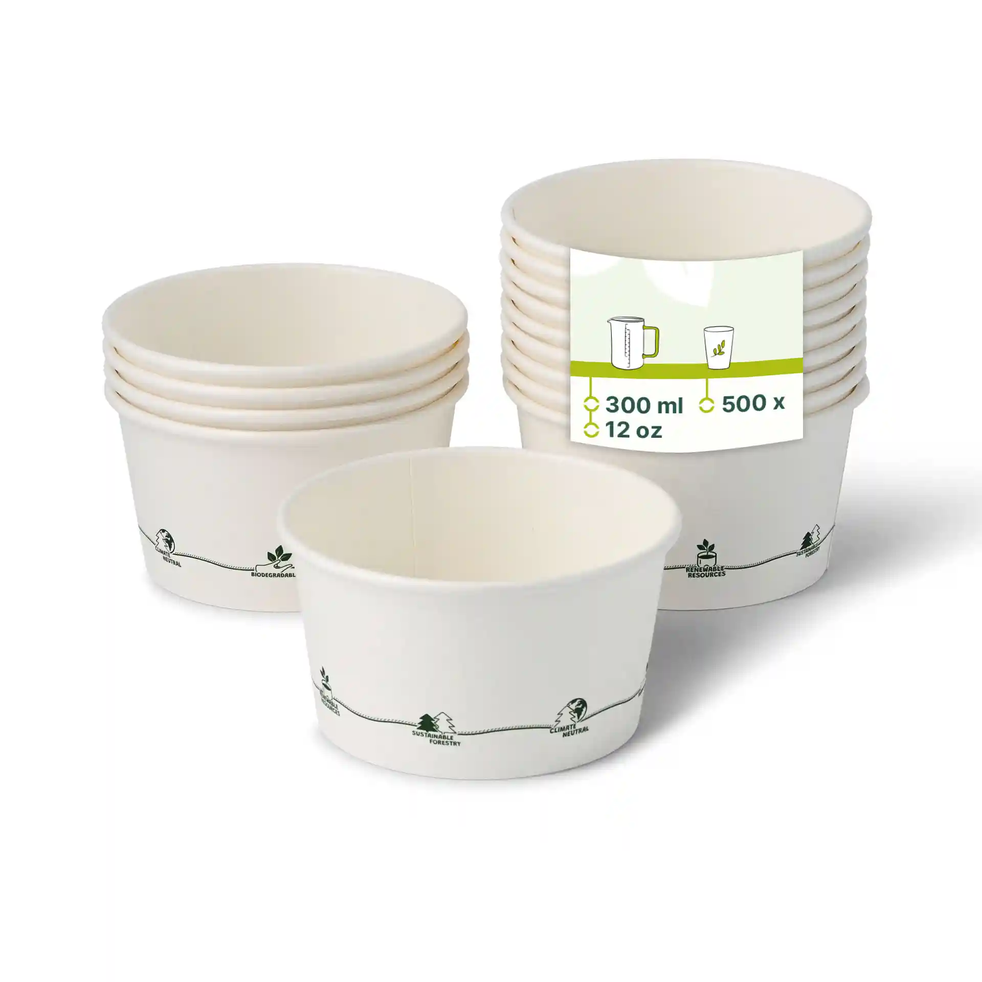 Ronde kartonnen soepcontainer met ecologische coating, 300 ml capaciteit, met bedrukte afbeelding en meerdere gestapelde containers.