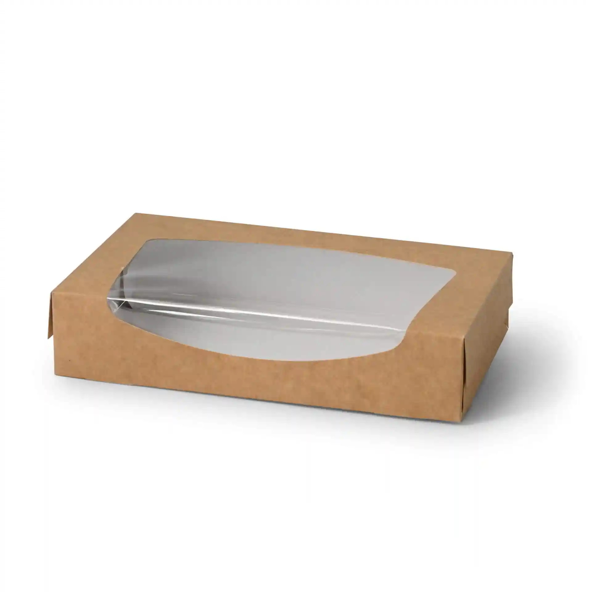 Bruine kartonnen vensterdoos met een doorzichtig plastic deksel, 20 x 12 x 4 cm.
