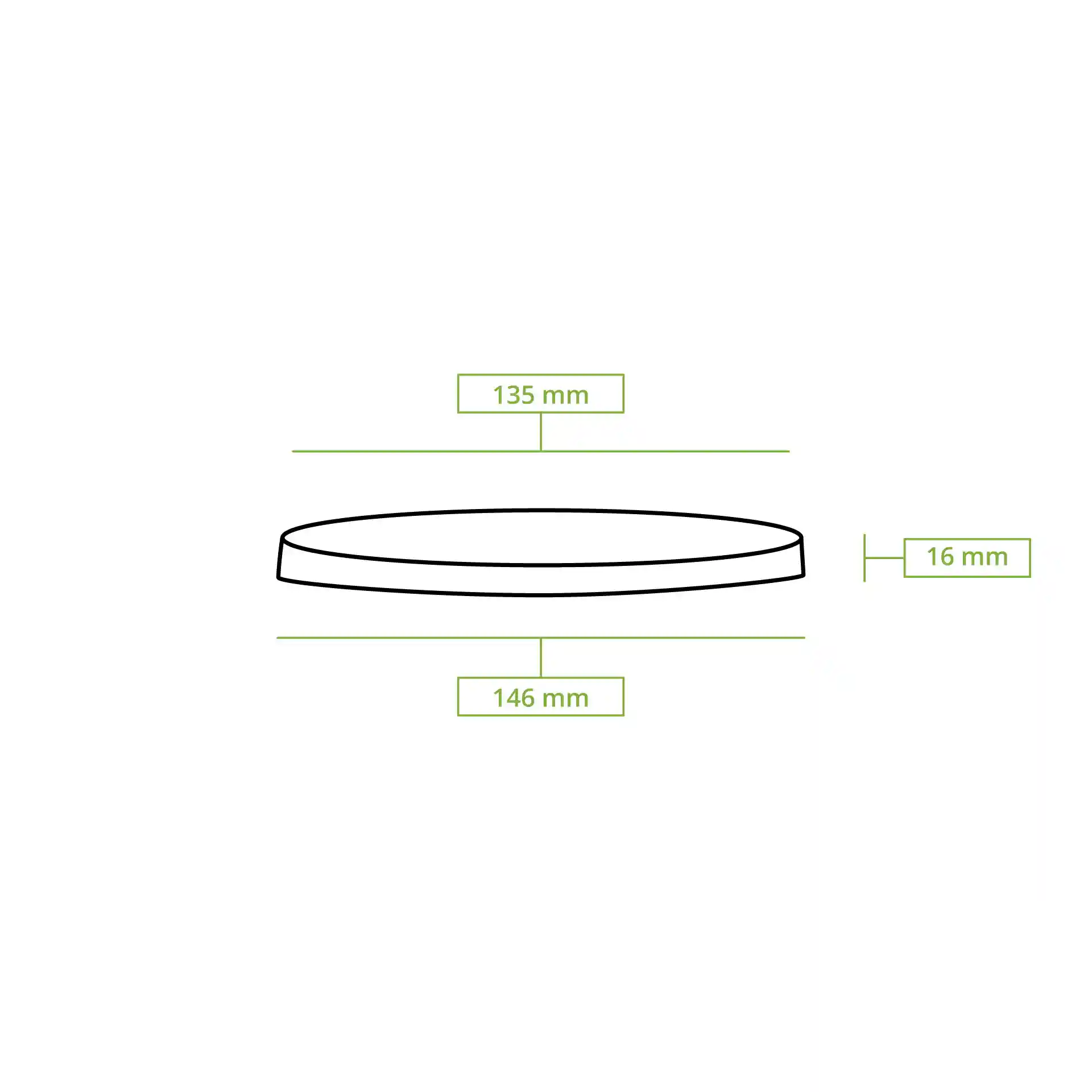 Schematische tekening van een ronde deksel met een bovenste diameter van 135 mm, een onderste diameter van 146 mm en een hoogte van 16 mm.