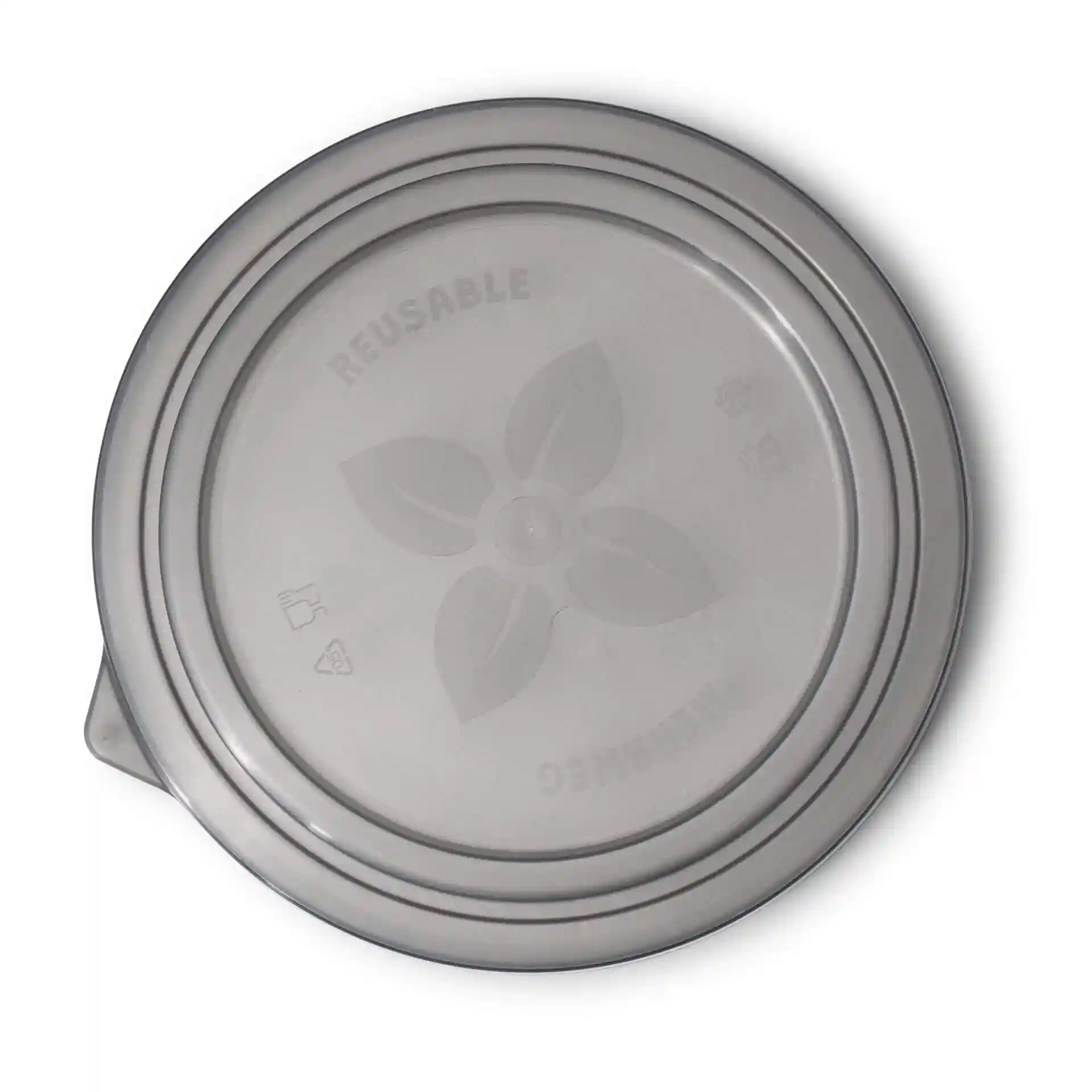 Ronde grijze herbruikbare deksel van polypropyleen, met een diameter van 185 mm en een hoogte van 16 mm.