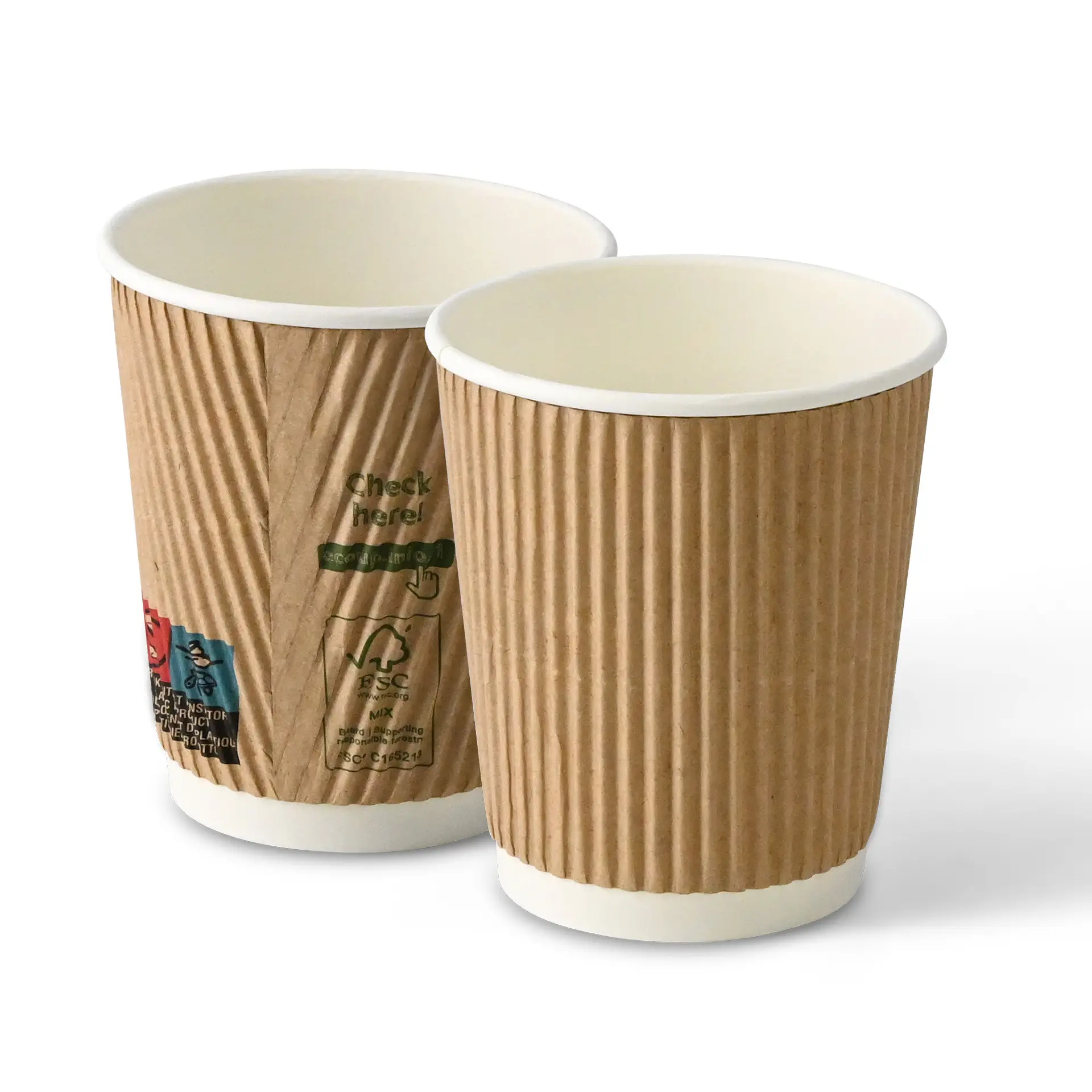 Een 8 oz bruine ribbelpapier koffiebeker met een PLA binnen coating; een andere beker op de achtergrond met verminderde opaciteit.