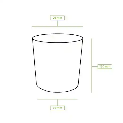 Schematische tekening van een ronde beker met afmetingen: 99 mm bovenkant diameter, 75 mm onderkant diameter en 100 mm hoogte.