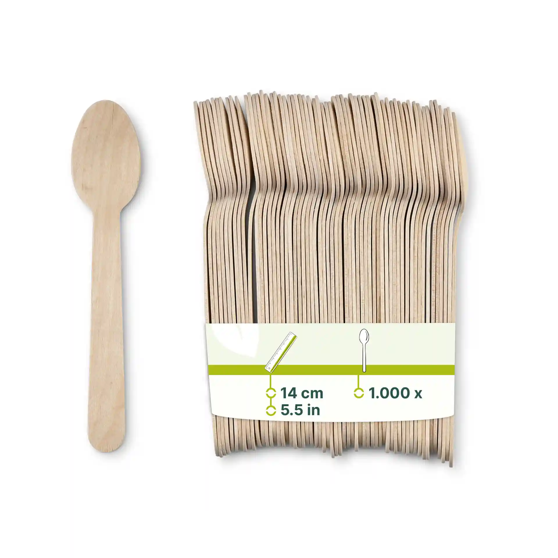Houten lepel in een verpakking, elk 14 cm lang, bruin van kleur en van hout, met een enkele lepel ernaast.