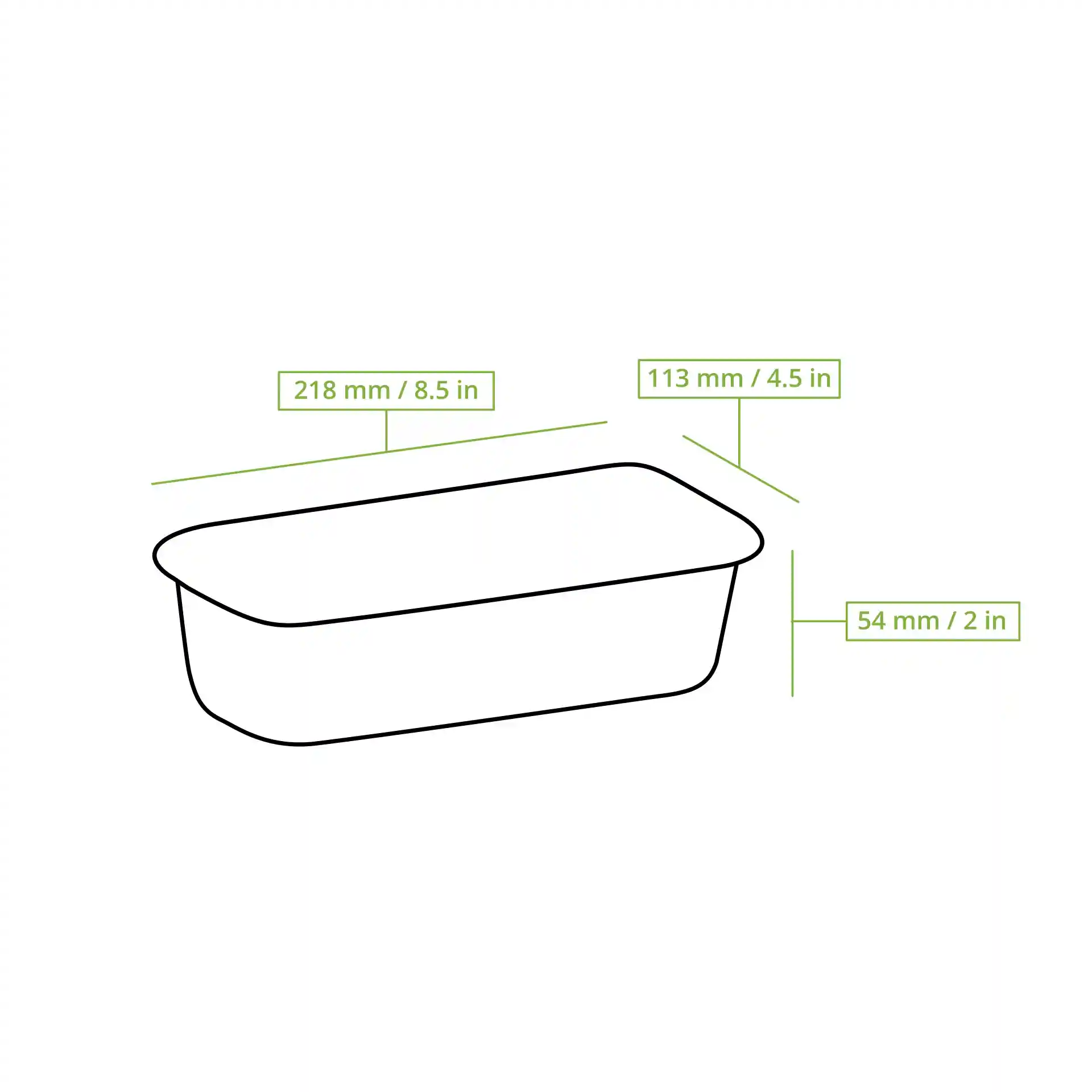 Schematische tekening van een rechthoekige aluminium container met afmetingen: 218 mm lengte, 113 mm breedte, 54 mm hoogte.