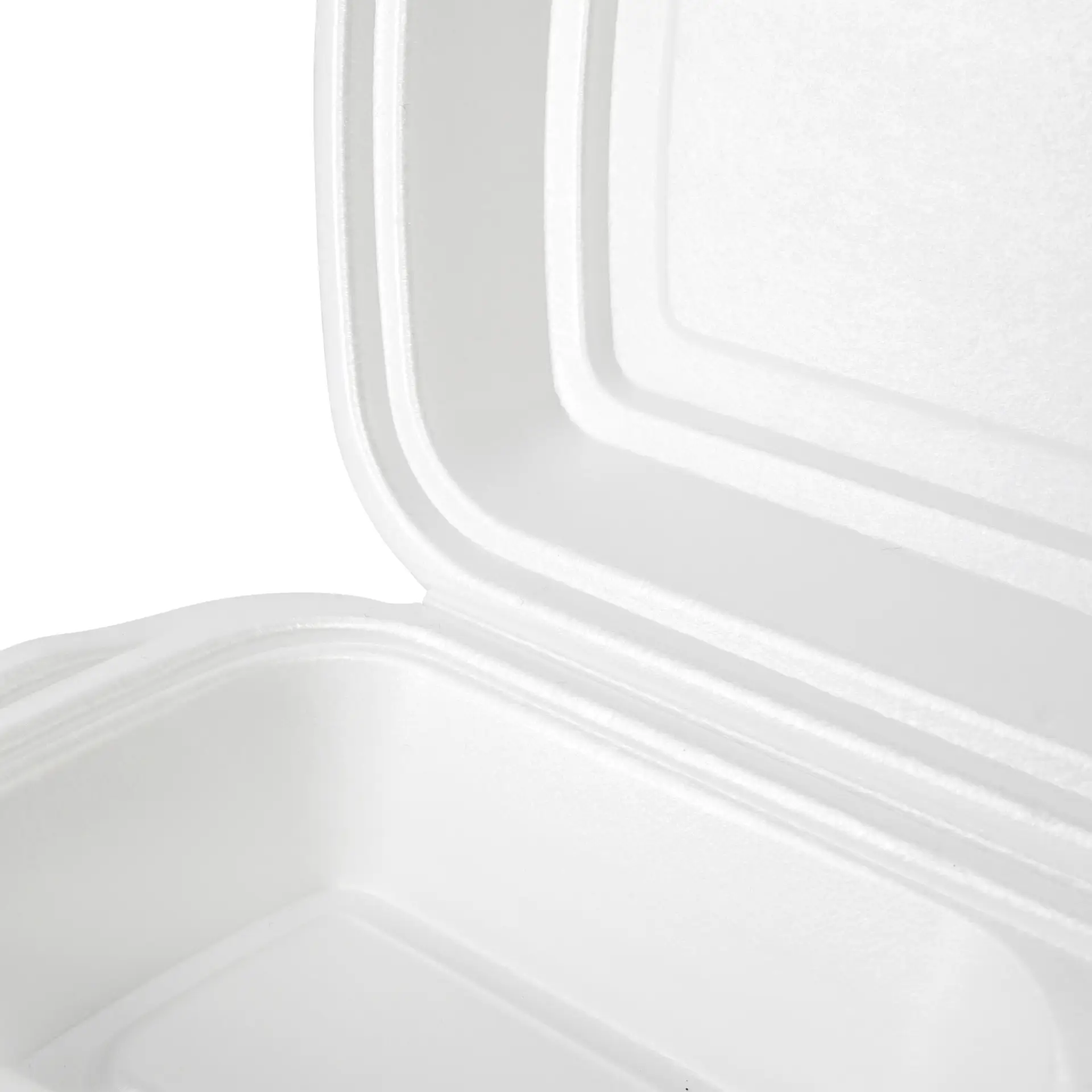 Witte schuim voedselcontainer met scharnierend deksel, toont het interieur en de buitenranden.