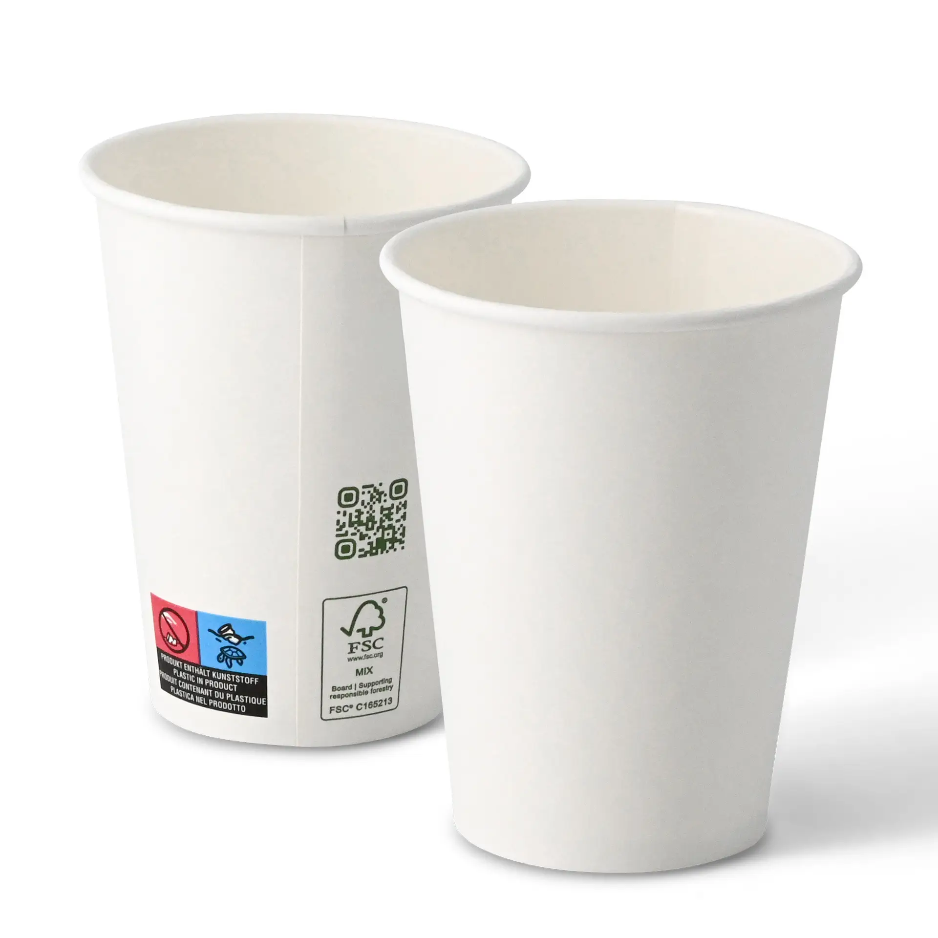 Witte bekers, 300 ml capaciteit, enkele wand, met een diameter van 90 mm, vanuit verschillende hoeken getoond.