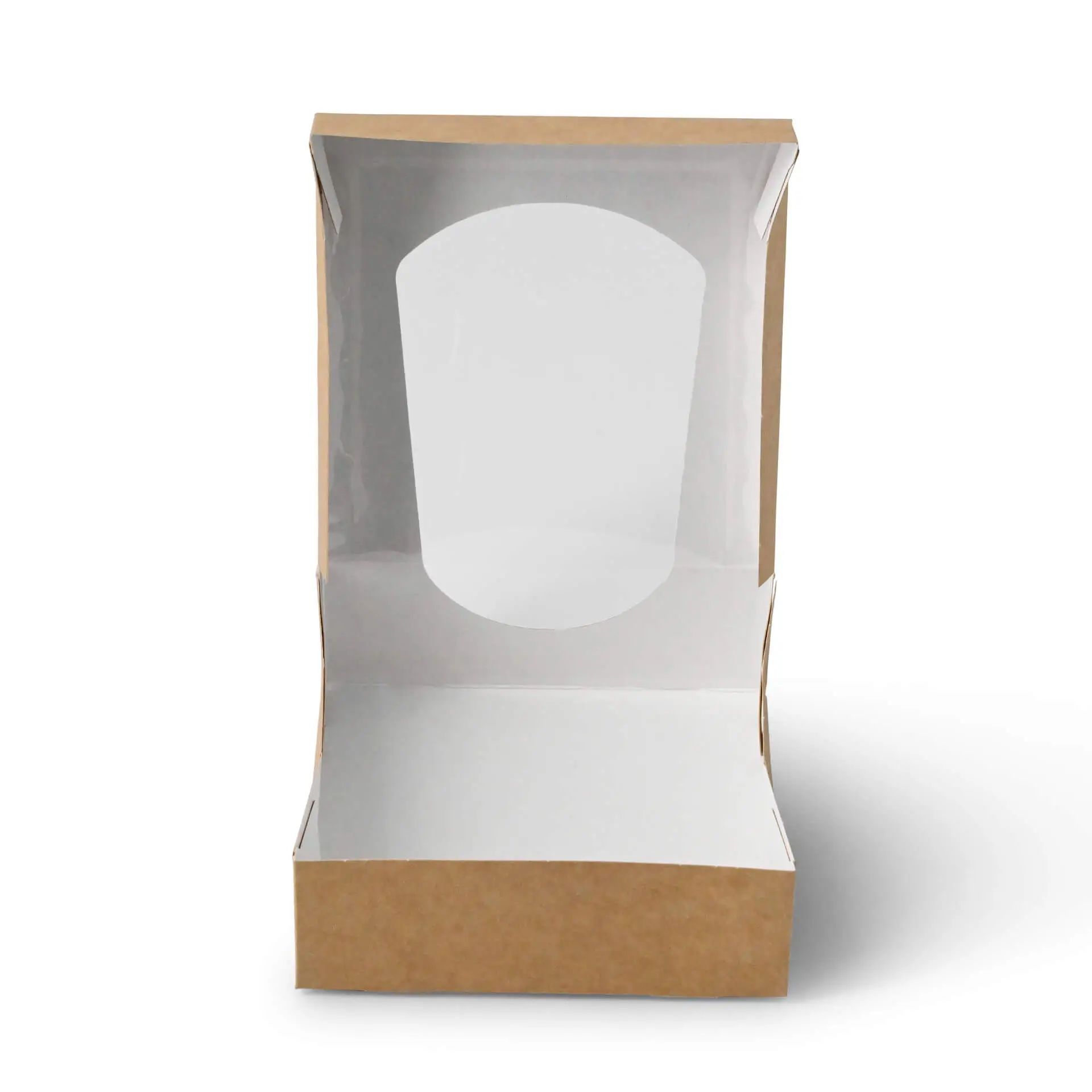 Kartonnen vensterdozen 12 x 12 x 4 cm, 600 ml, cellulosevenster, buitenkant bruin, binnenkant wit, opvouwbaar