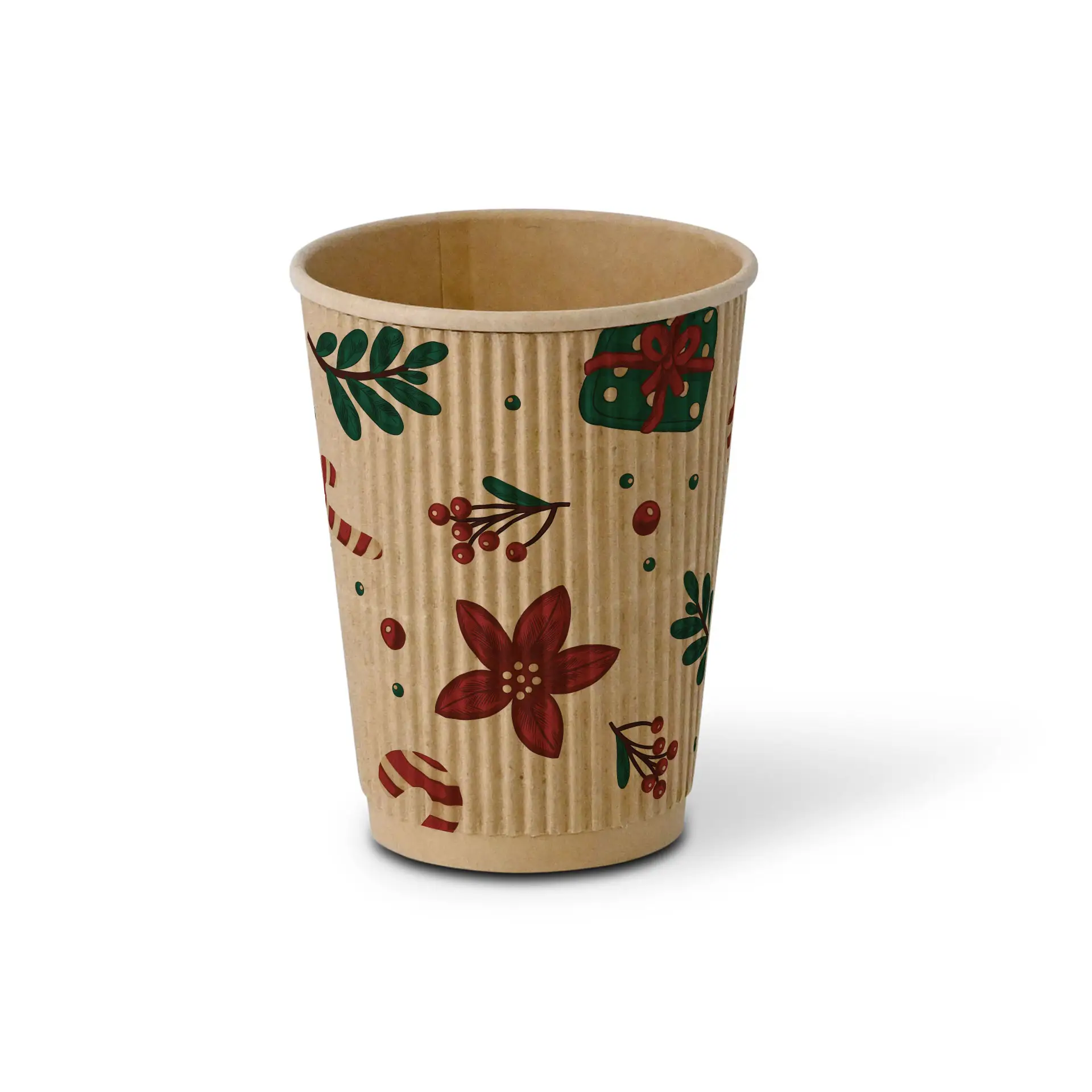 Bruine golfbeker met winterontwerp, rode bloemen, groene bladeren en zuurstokken, 300 ml capaciteit.