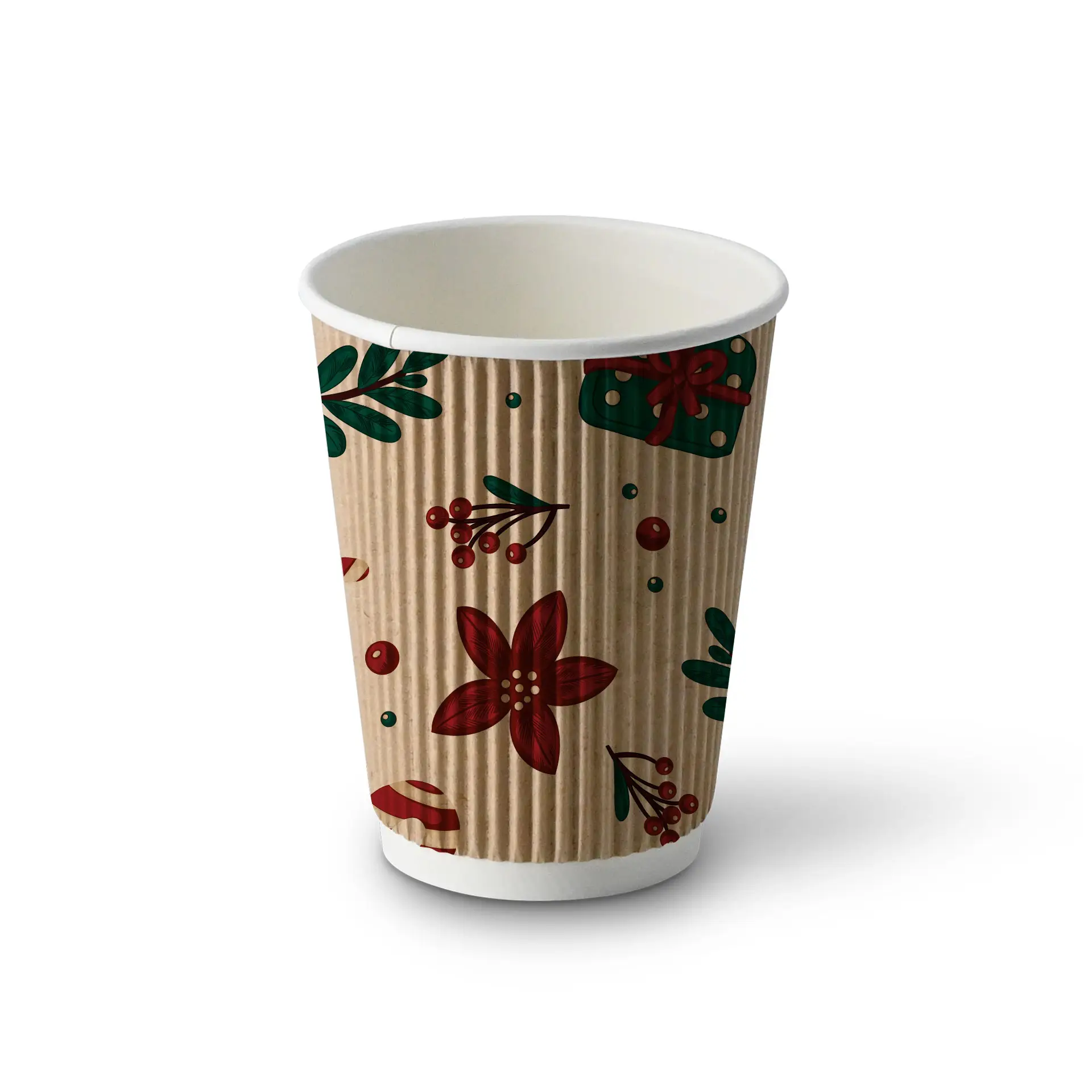 Bruine golfbeker met winterontwerp, bloemen en bladeren, 300 ml inhoud, 90 mm diameter.